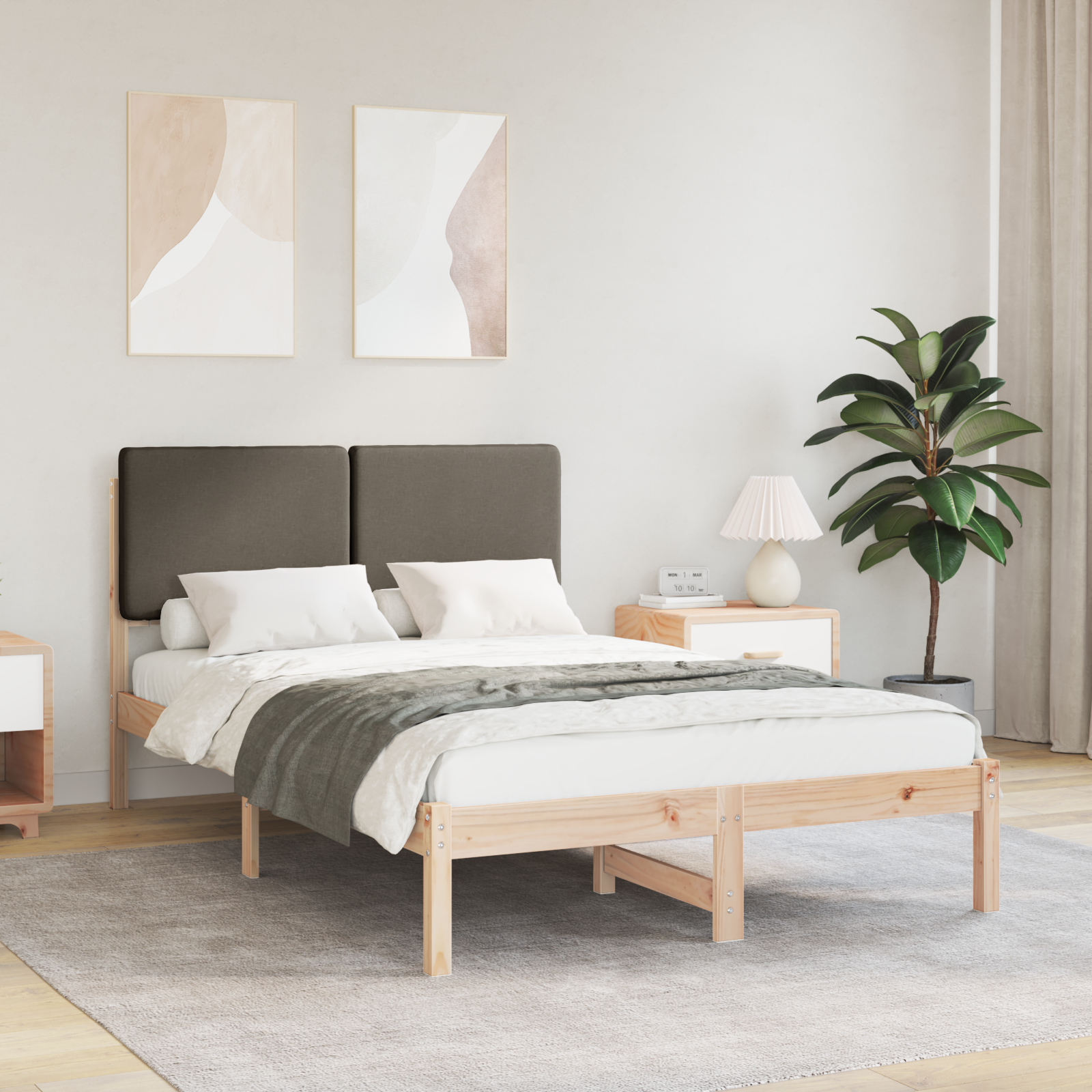 Sängram med Klädd Huvudgavel Taupe 120 x 200 cm Massiv furu