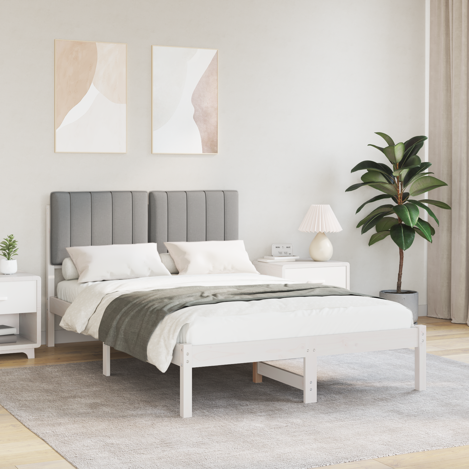 Sängram med Klädd Huvudgavel Vit och ljusgrå 120 x 200 cm