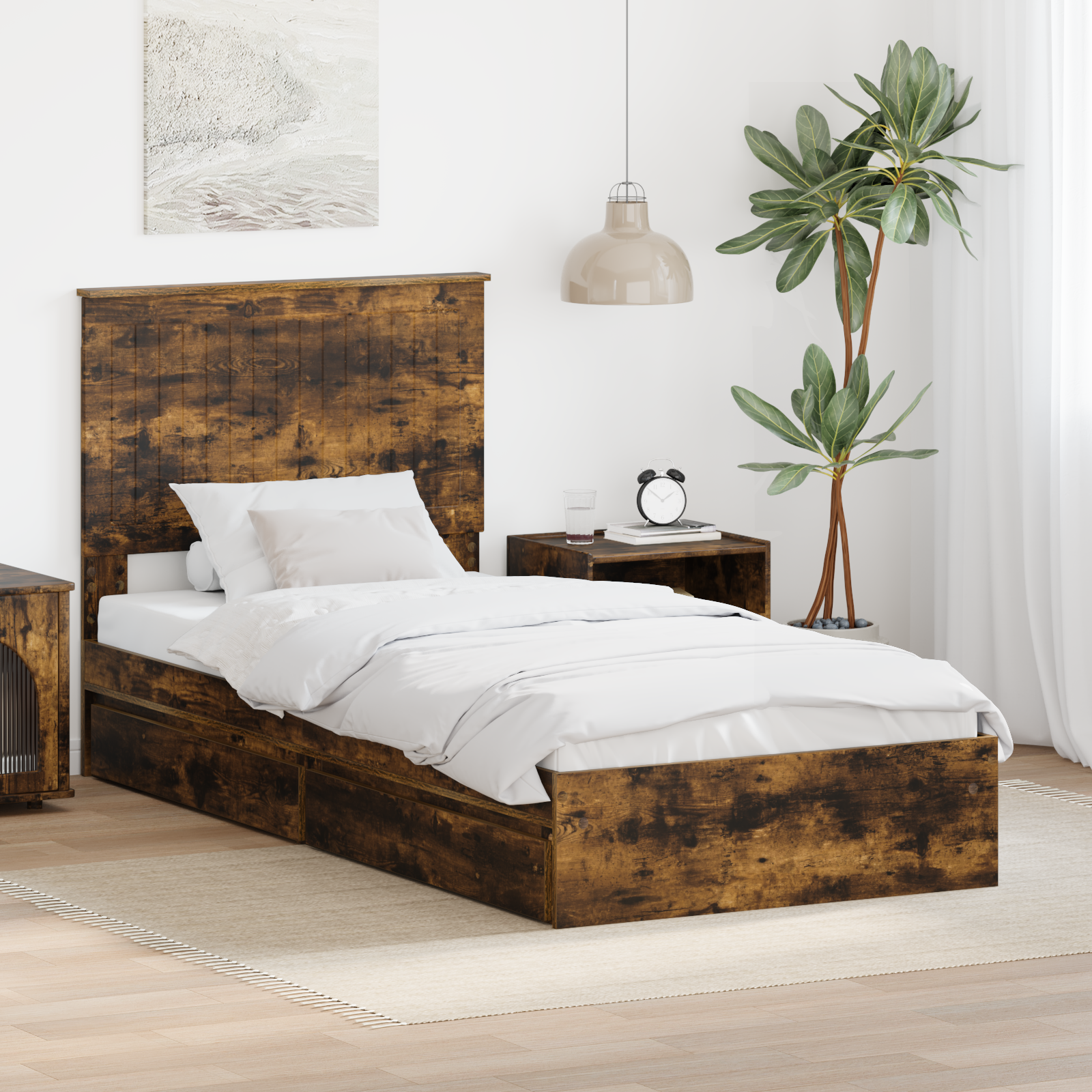 Förvaringssäng med låda Rökt ek 90 x 200 cm Konstruerat trä