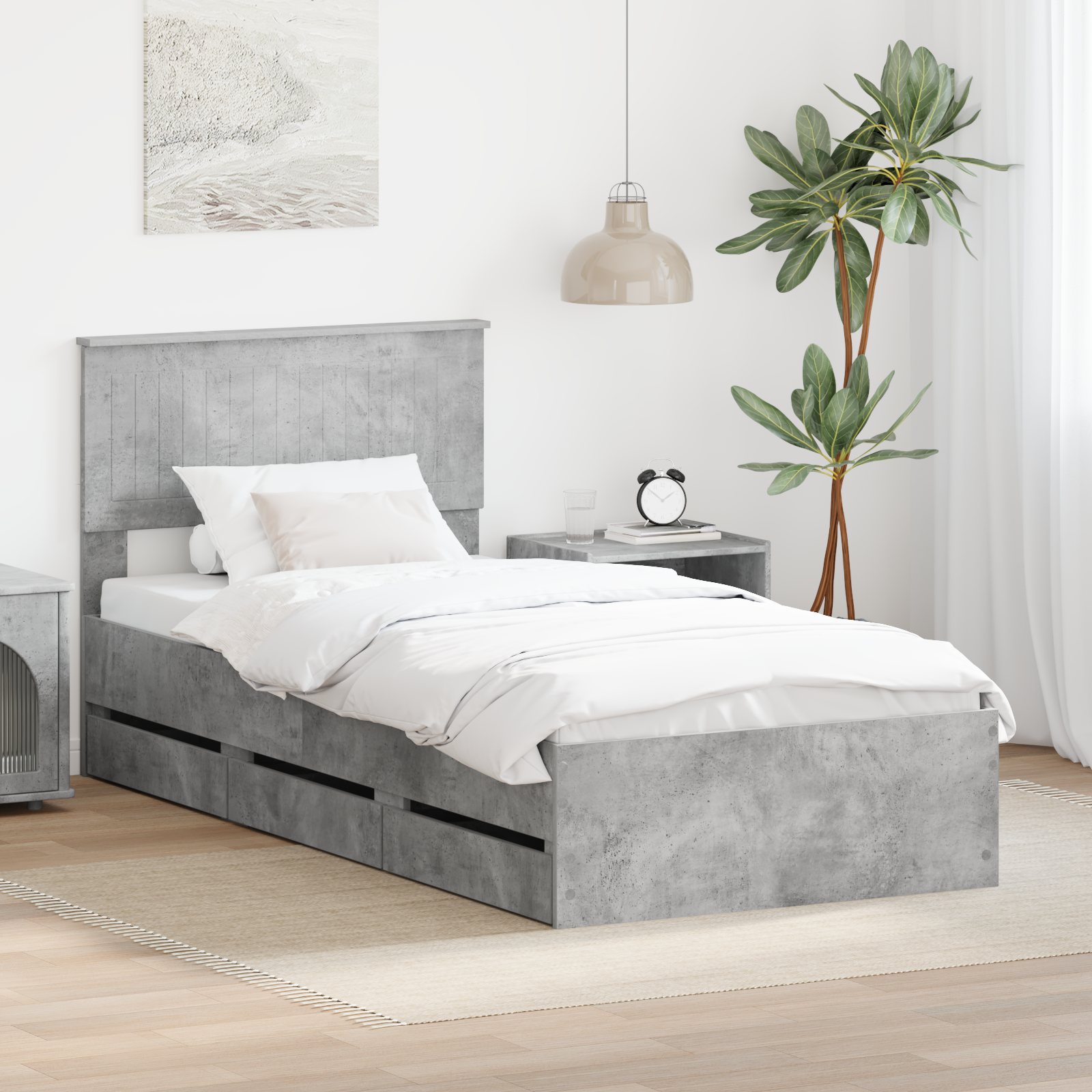 Sängram med låda med lagring Betonggrå 90 x 200 cm Ingenjörsträ