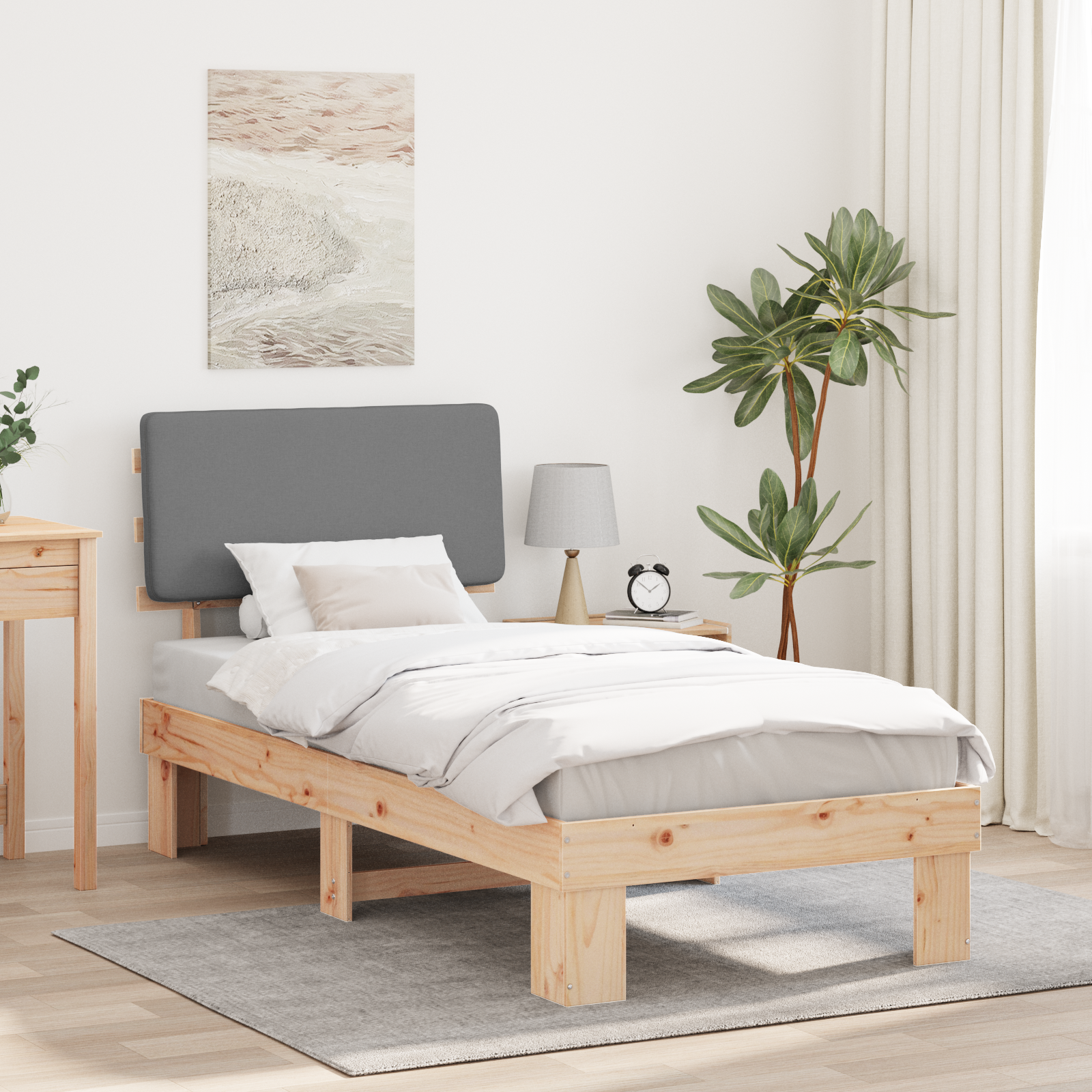 Sängram med Klädd Huvudgavel Ljusgrå 90 x 200 cm Massiv furu