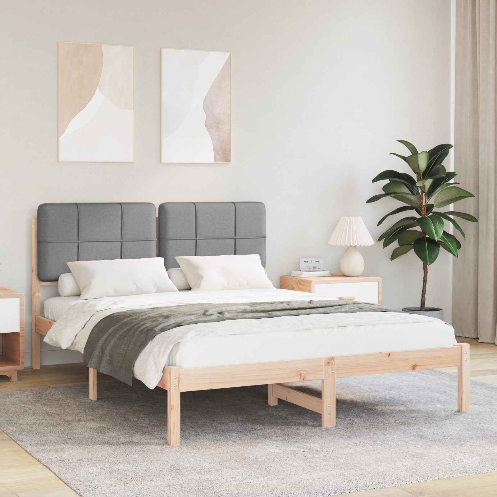 Sängram med Klädd Huvudgavel Ljusgrå 160 x 200 cm Massiv furu