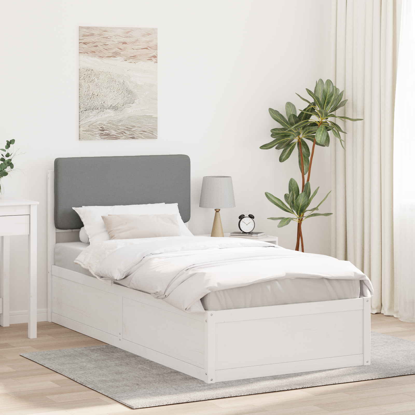 Sängram med Klädd Huvudgavel Ljusgrå 90 x 200 cm Massiv furu