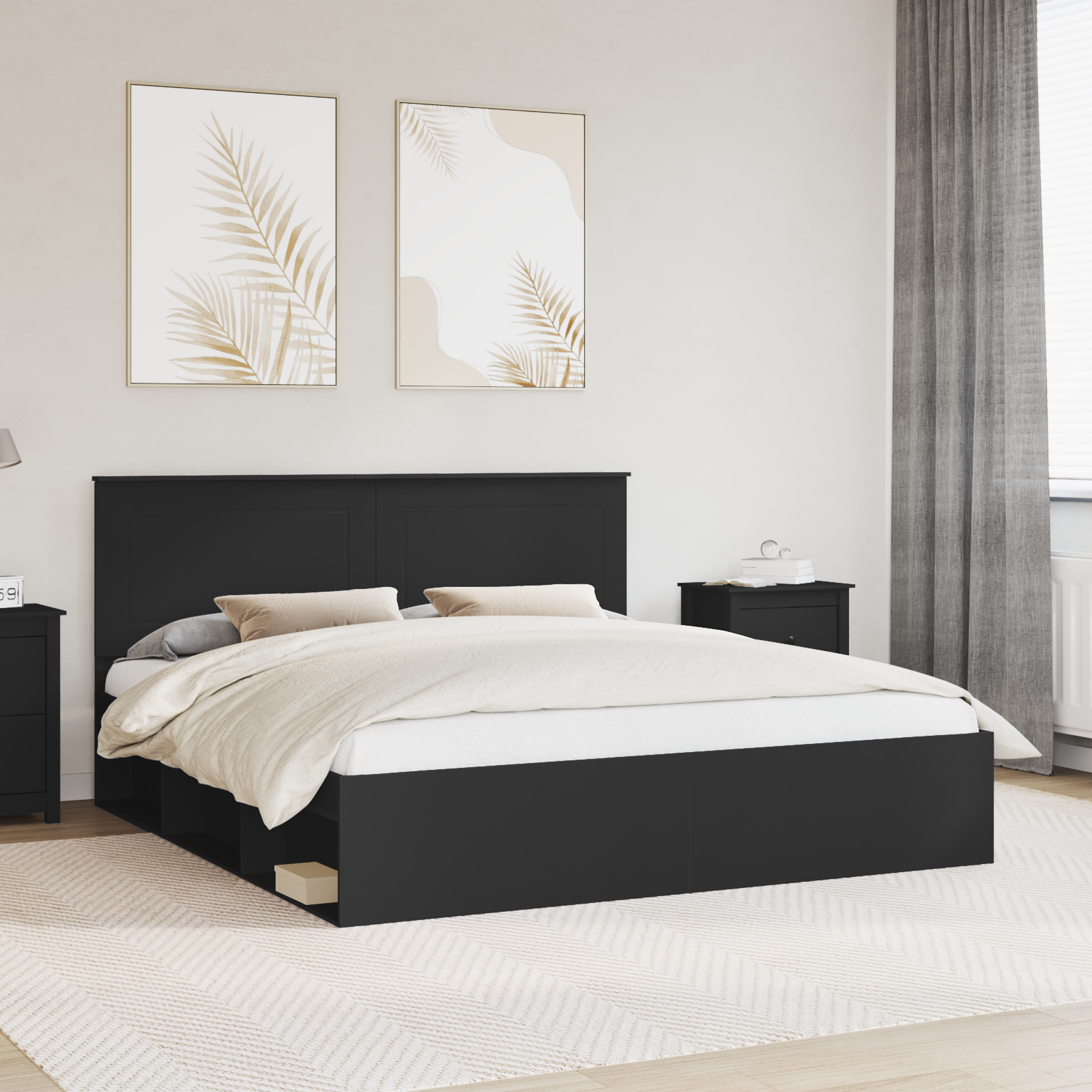 Sängram med huvudgavel Svart 200 x 200 cm Massiv furu