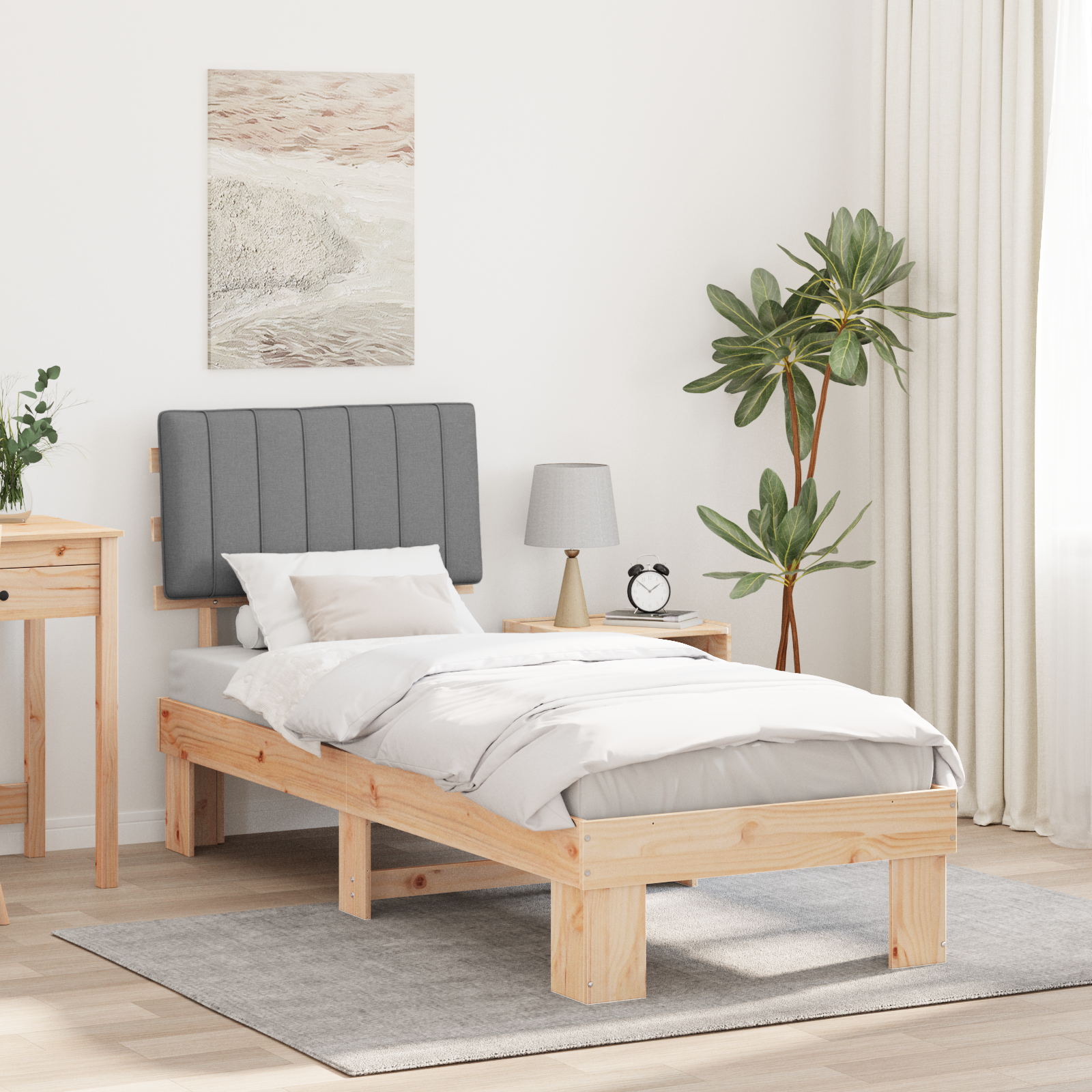 Sängram med Klädd Huvudgavel Ljusgrå 75 x 190 cm Massiv furu