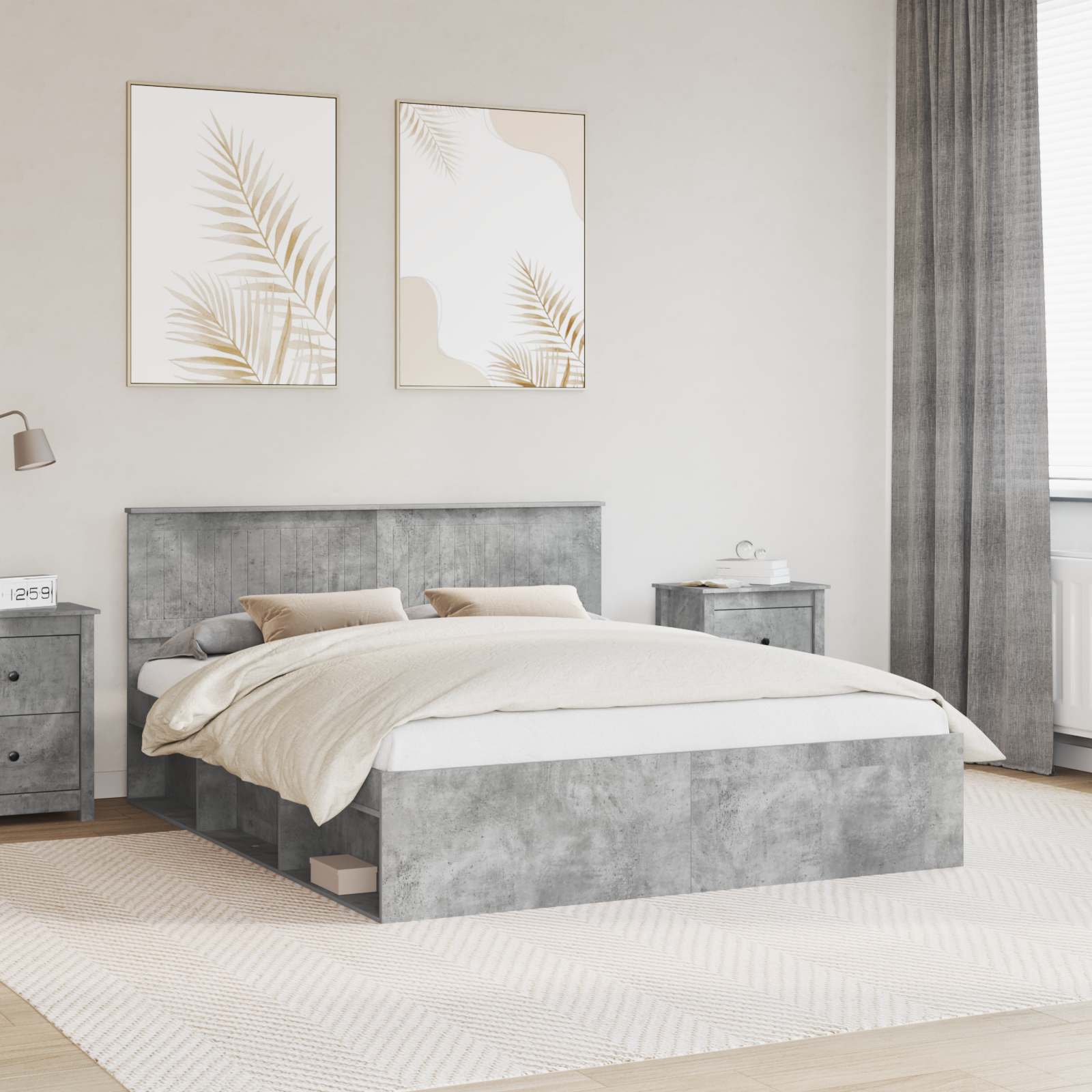 Sängram med huvudgavel Betong 160 x 200 cm Massiv furu