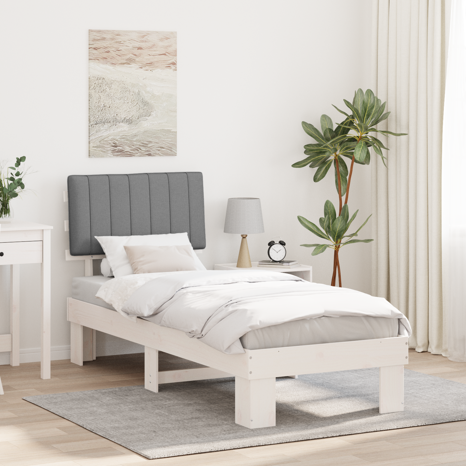 Sängram med Klädd Huvudgavel Ljusgrå 80 x 200 cm Massiv furu