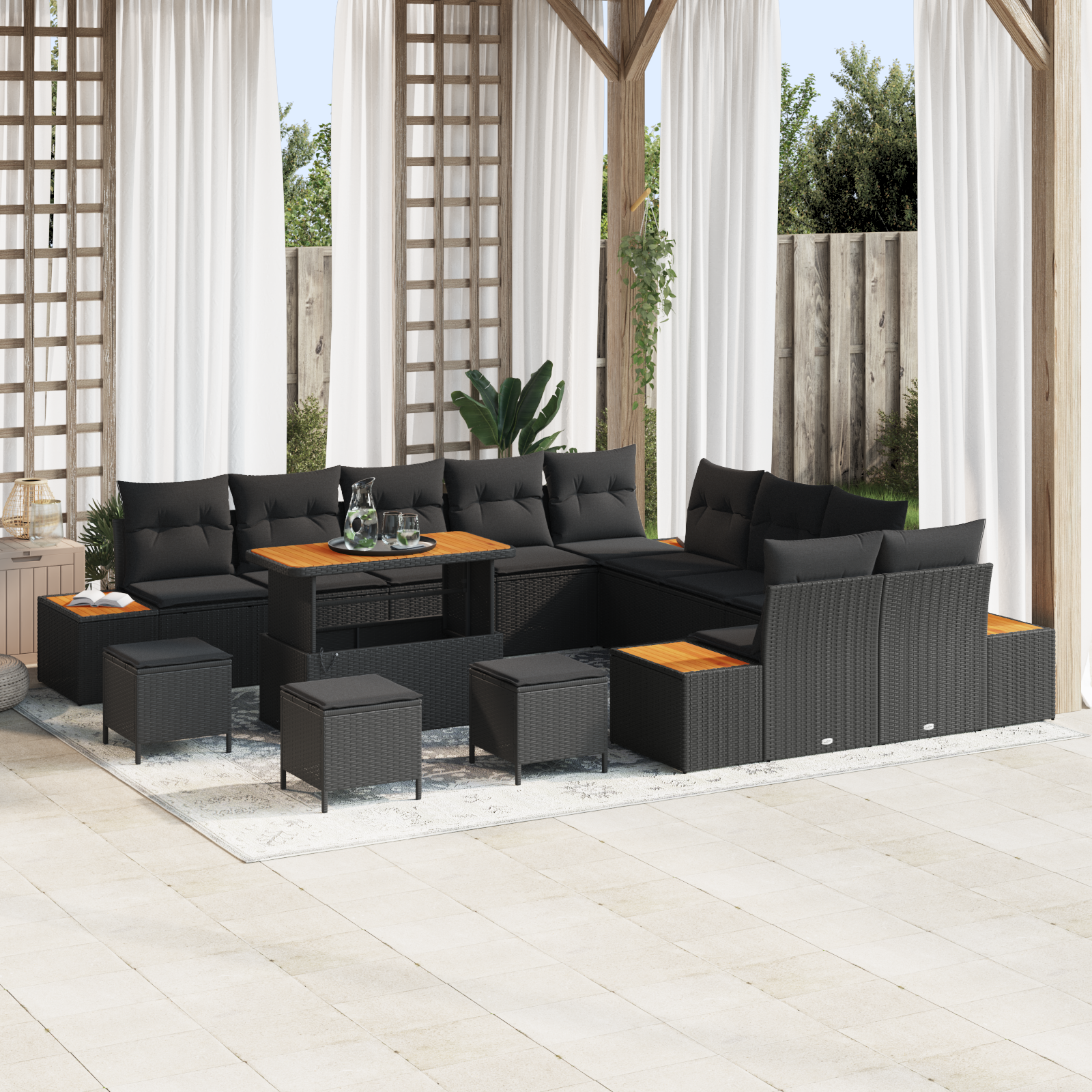 Trädgårdsoffset med kudde med lagring 14 pcs Svart Poly rattan
