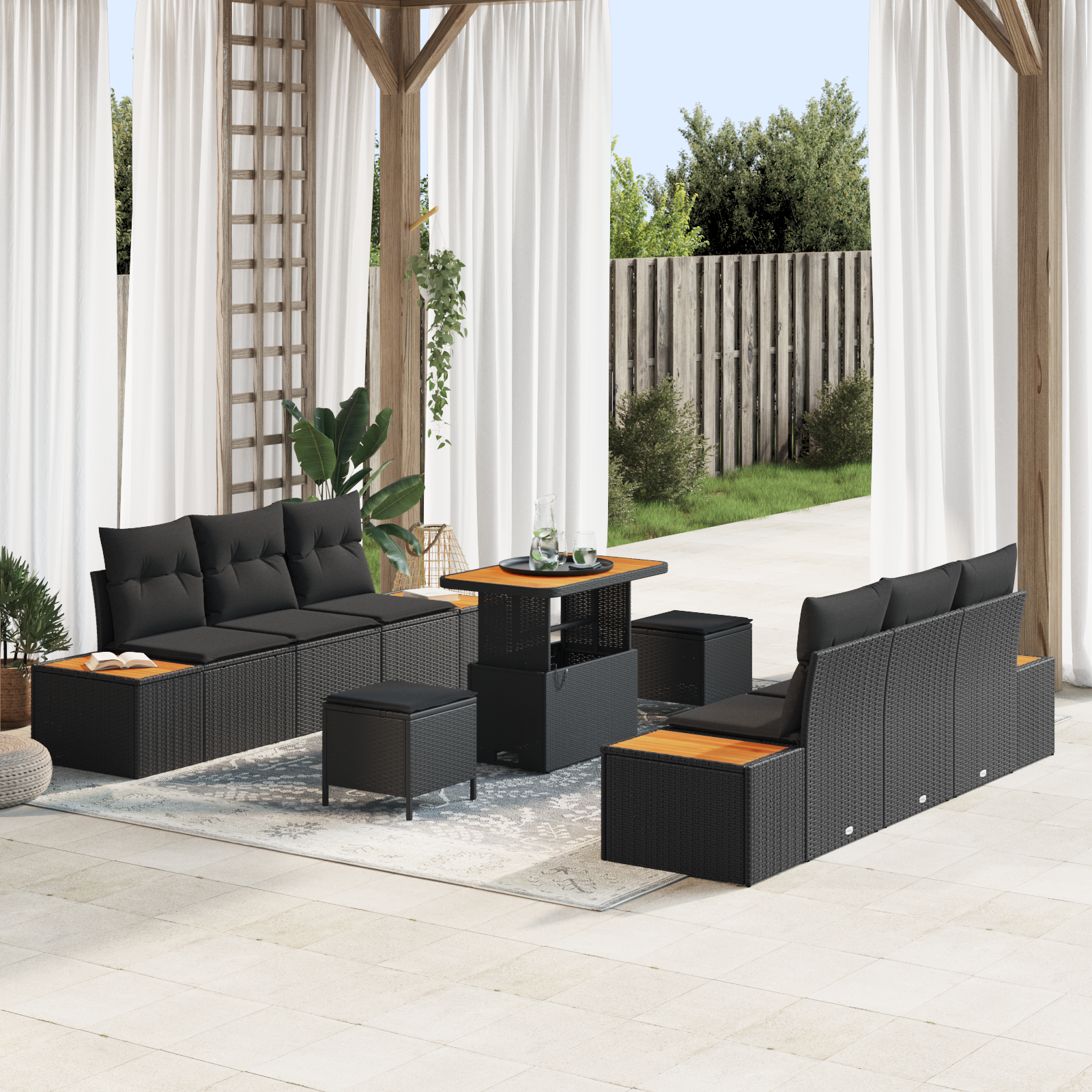 Trädgårdsoffset med kudde med lagring 9 pcs Svart Poly rattan