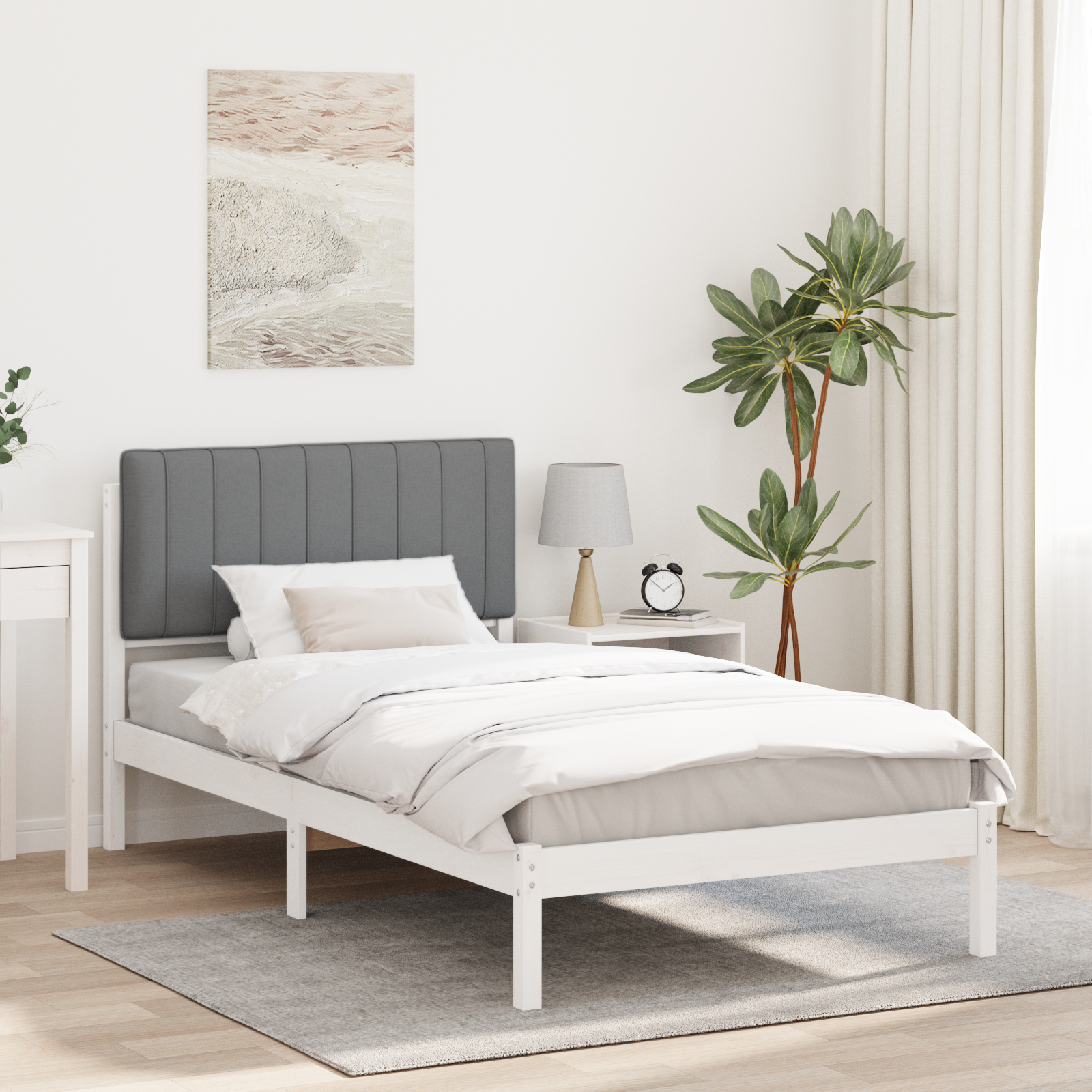 Sängram med Klädd Huvudgavel Ljusgrå 100 x 200 cm Massivt furu