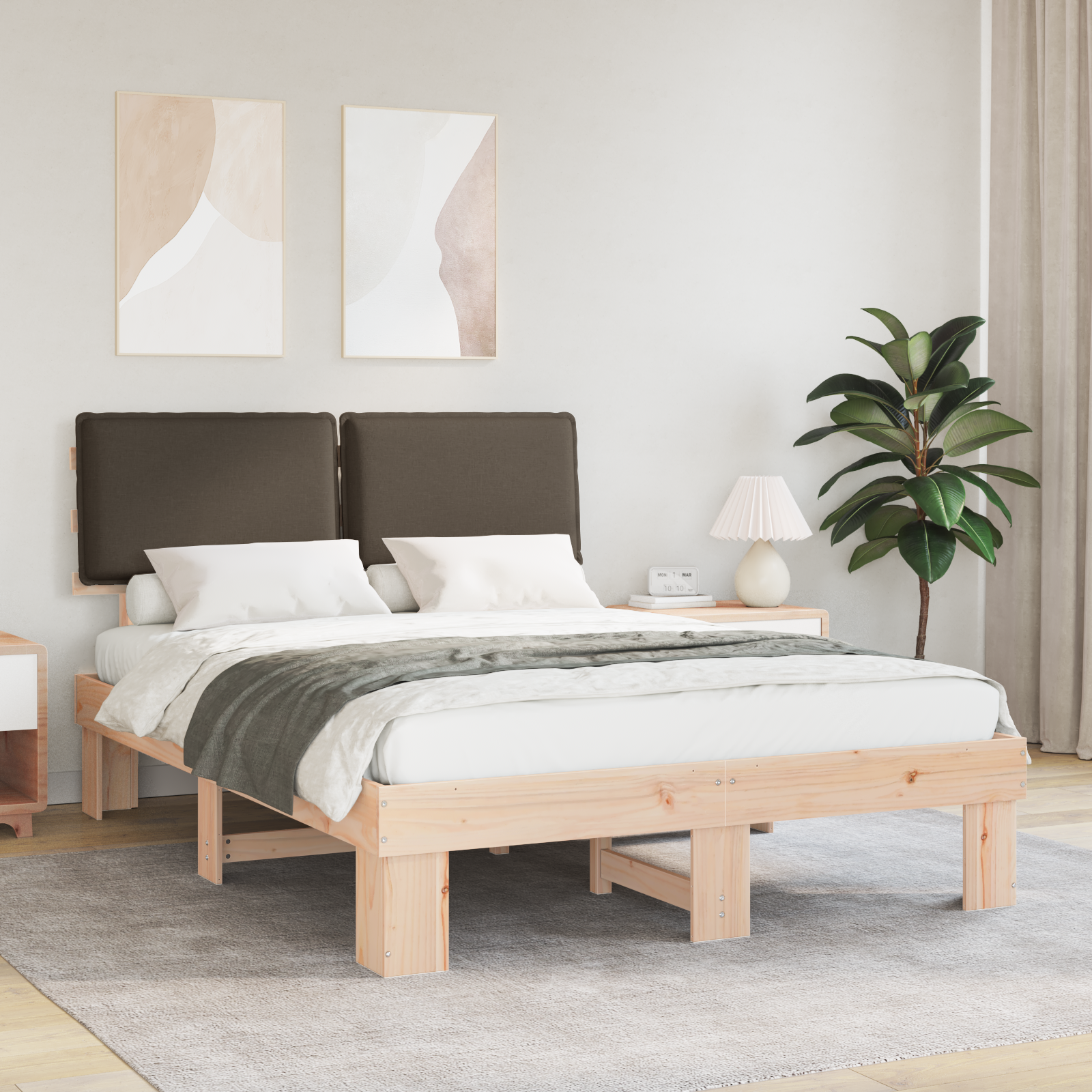 Sängram med Klädd Huvudgavel Taupe 140 x 200 cm Massiv furu