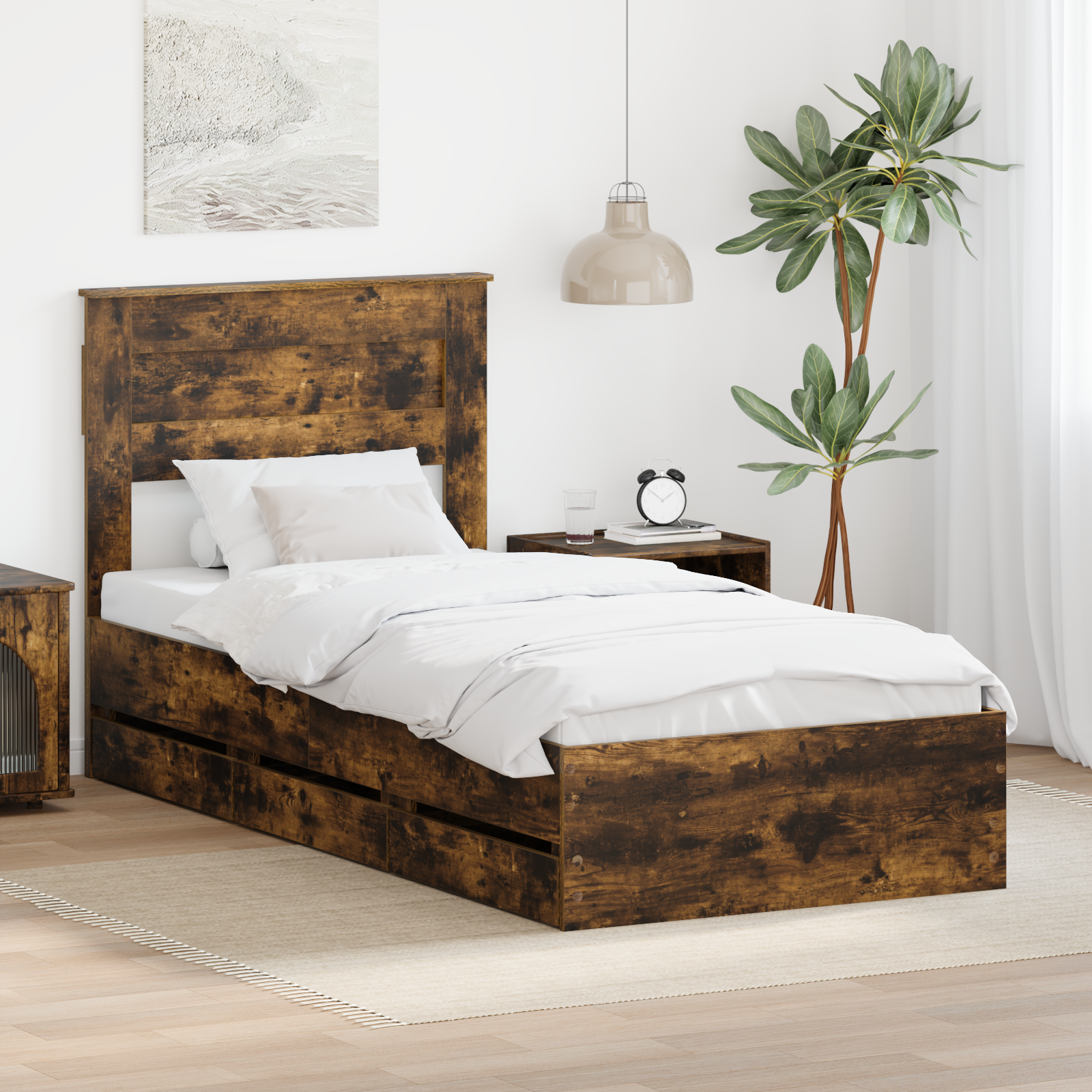Sängram med låda med lagring Rökt ek 100 x 200 cm Ingenjörsträ