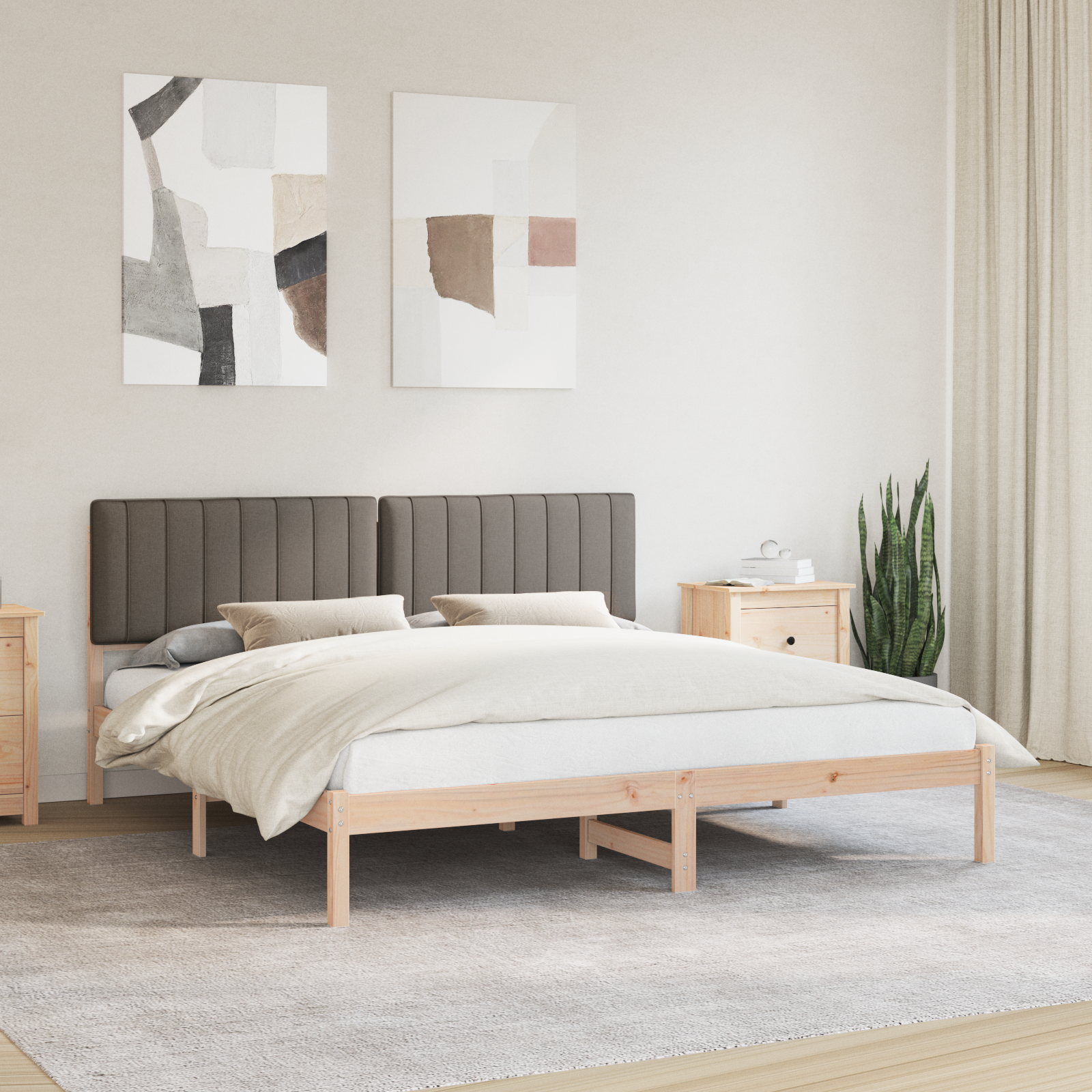 Sängram med Klädd Huvudgavel Taupe 180 x 200 cm Massivt furu