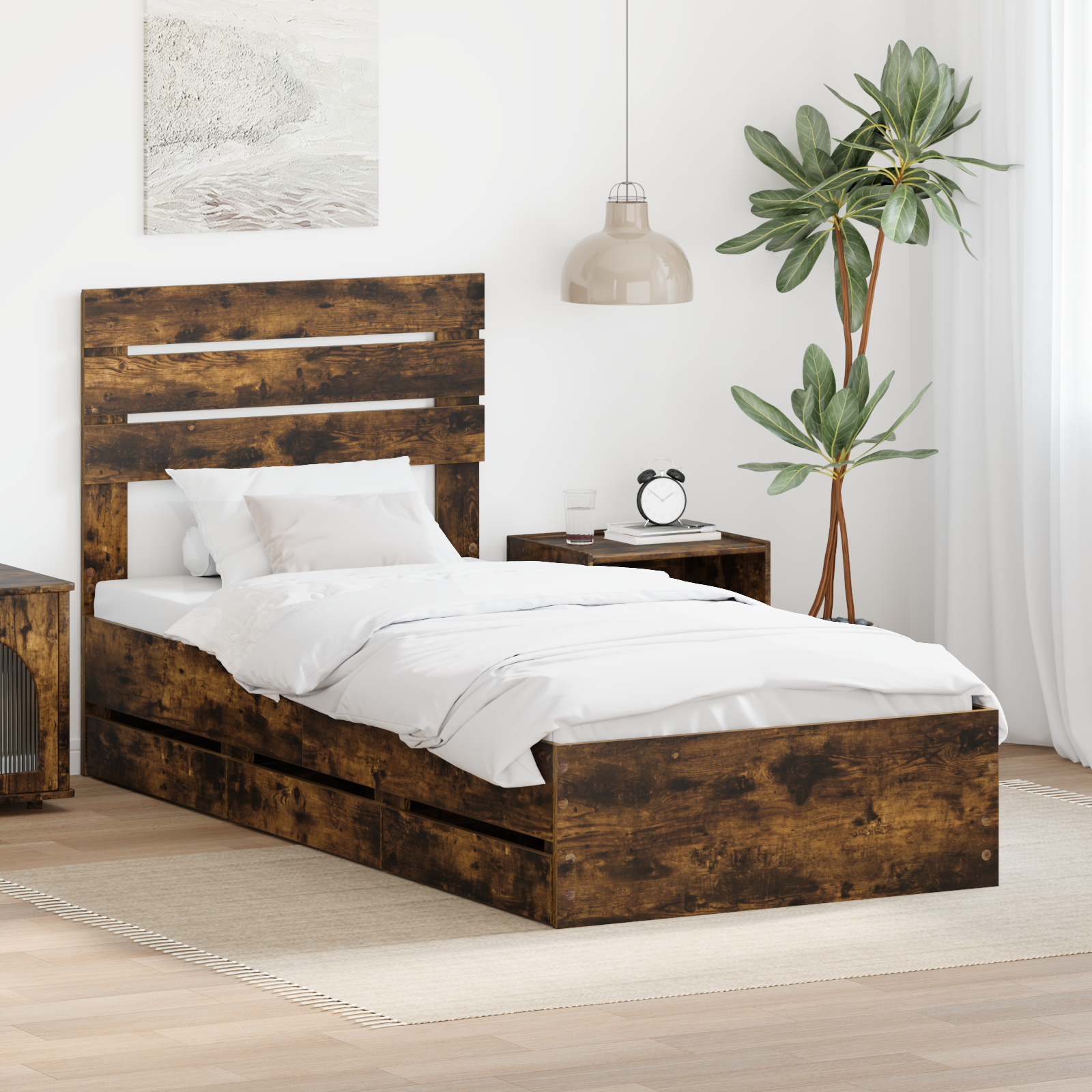 Sängram med låda med lagring Rökt ek 100 x 200 cm Ingenjörsträ