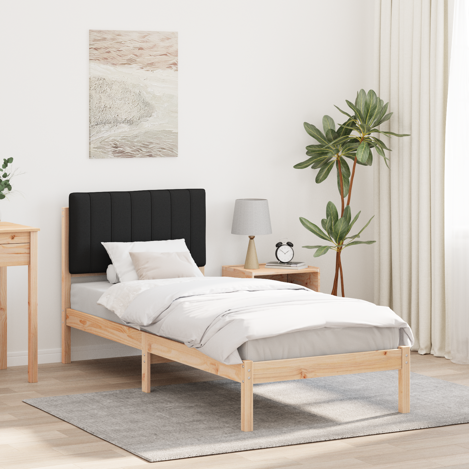 Sängram med Klädd Huvudgavel Svart 80 x 200 cm Massivt furu