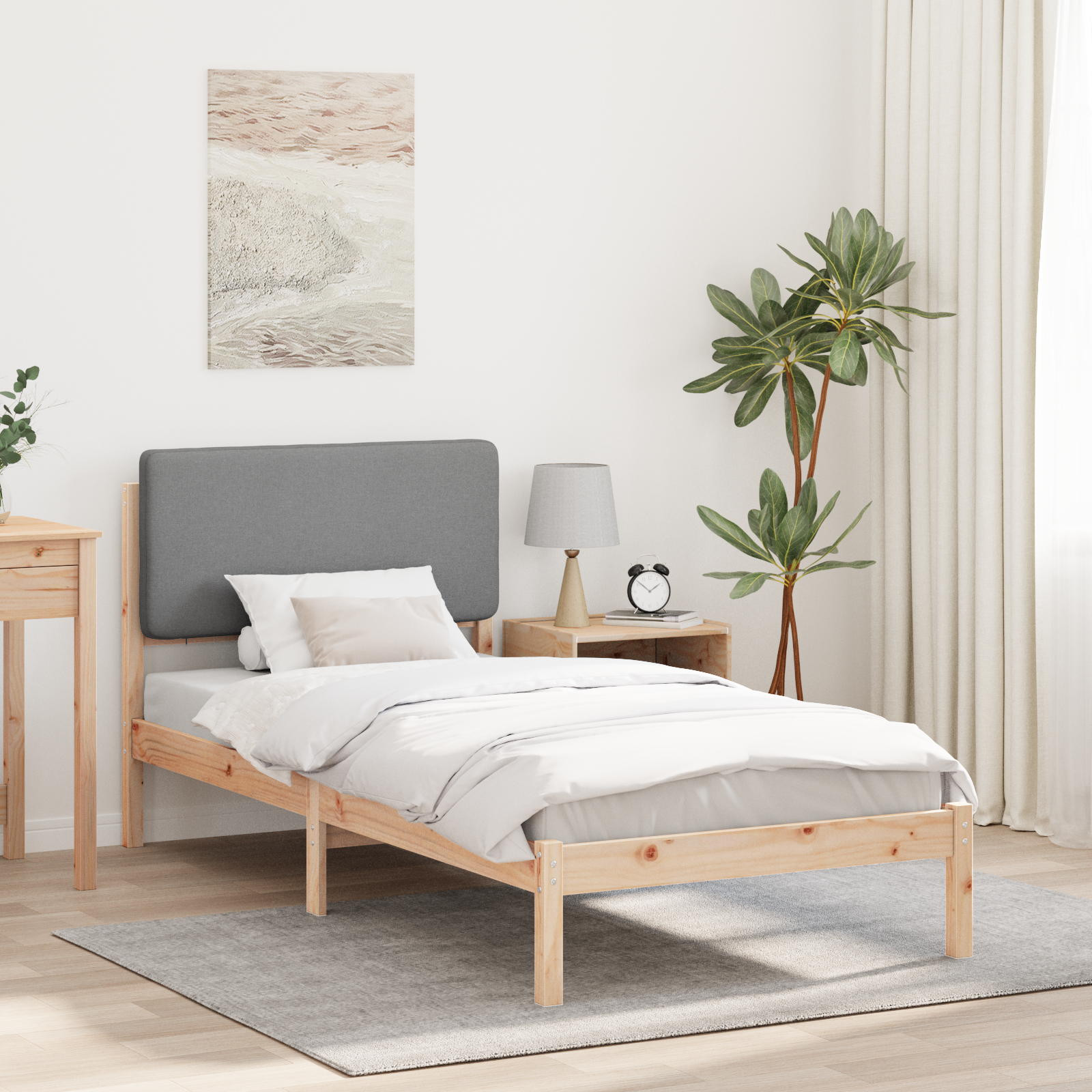 Sängram med Klädd Huvudgavel Ljusgrå 100 x 200 cm Massiv furu
