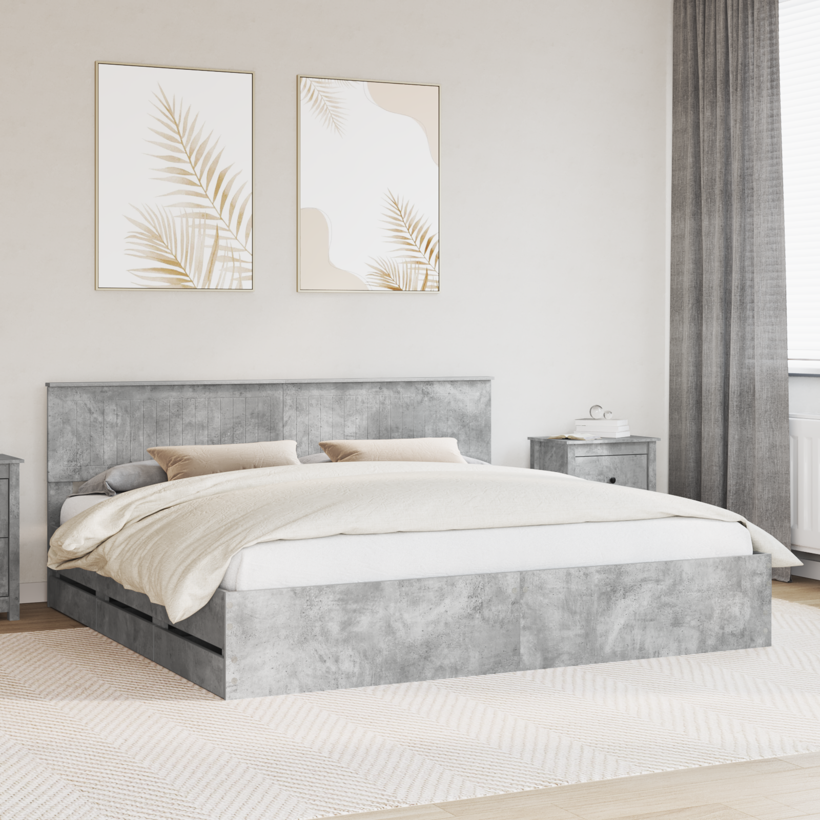 Sängram med låda Betonggrå 200 x 200 cm Ingenjörsträ