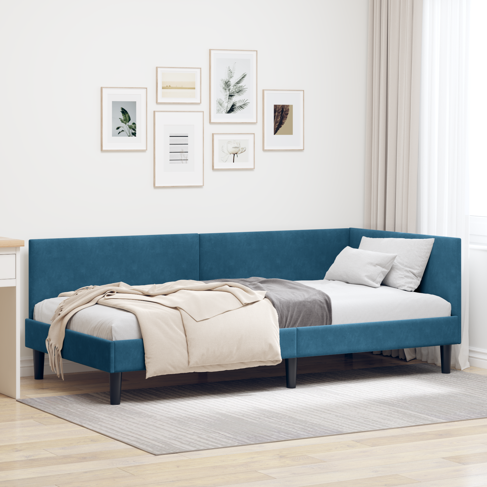 Hörn Sängram med huvudgavel Blå 80 cm x 200 cm Sammet