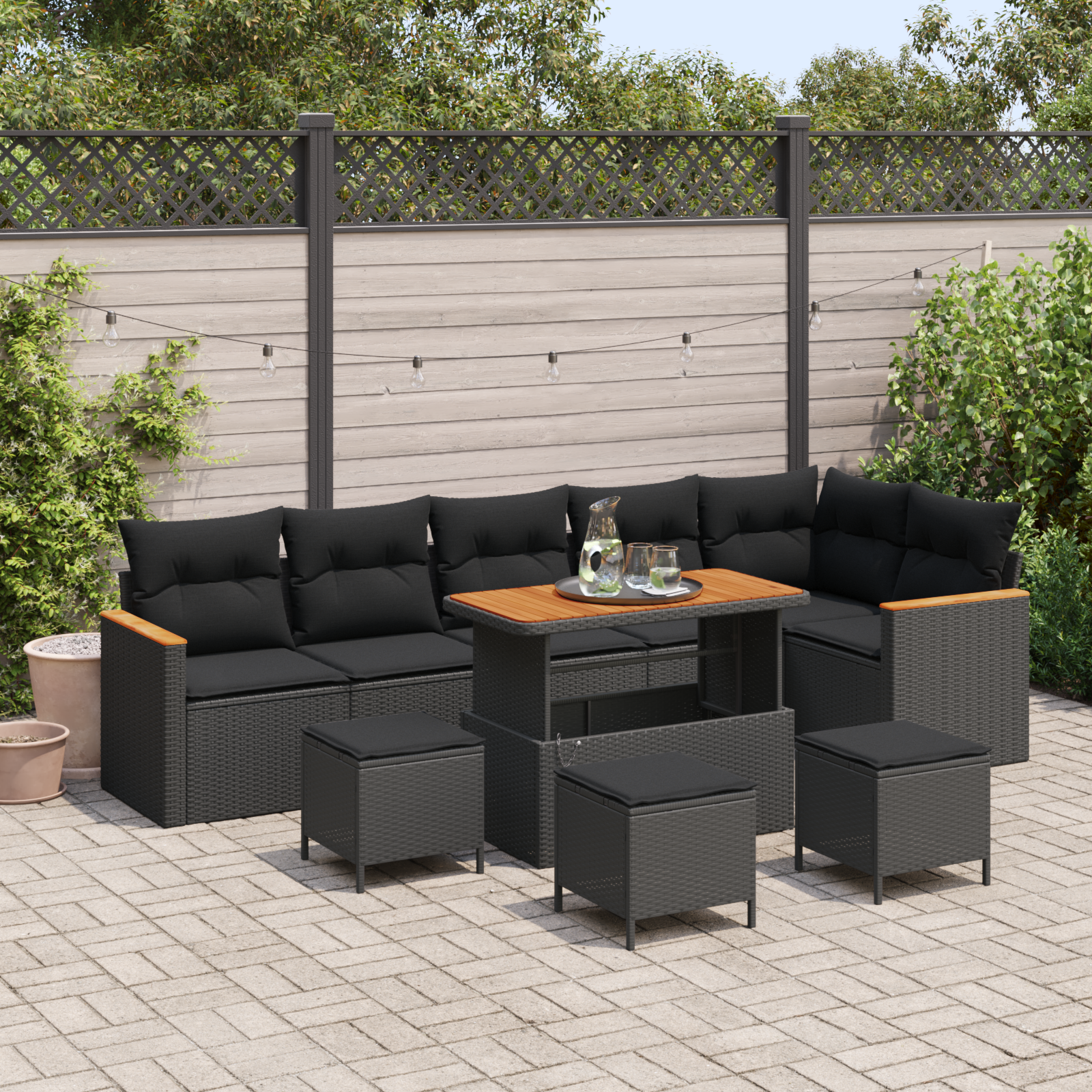 Trädgårdsoffset med kudde 10 pcs Svart Poly rattan