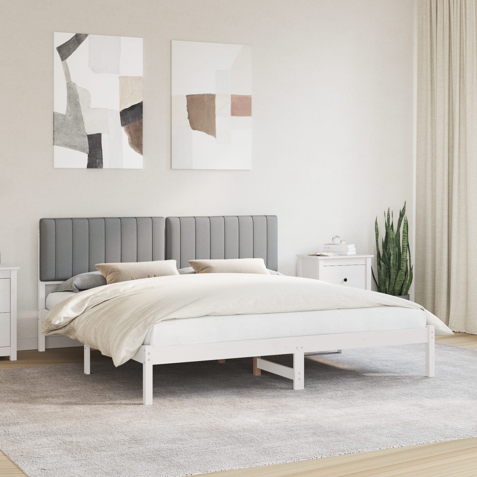 Sängram med Klädd Huvudgavel Ljusgrå 180 x 200 cm Massivt furu
