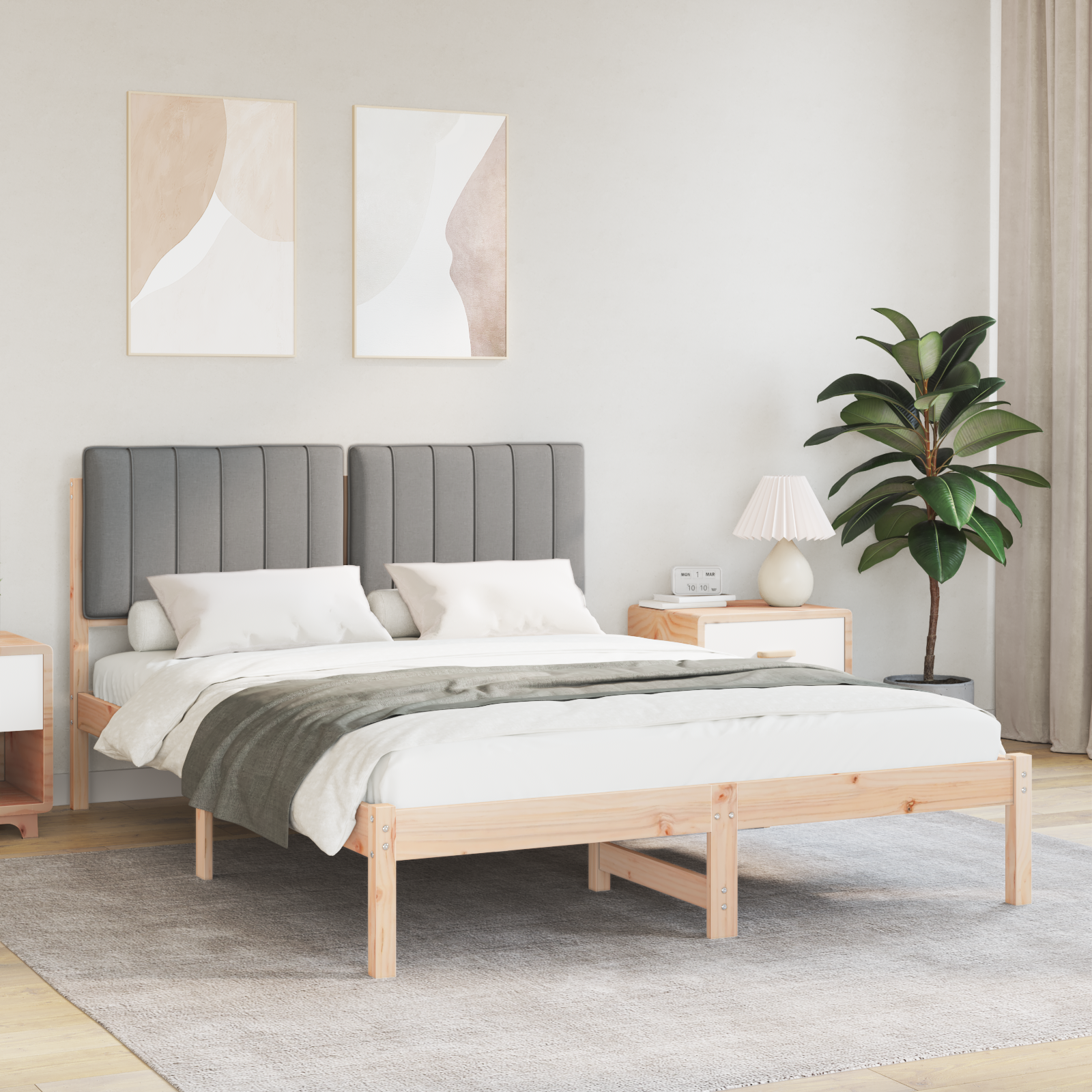 Sängram med Klädd Huvudgavel Ljusgrå 140 x 200 cm Massivt furu
