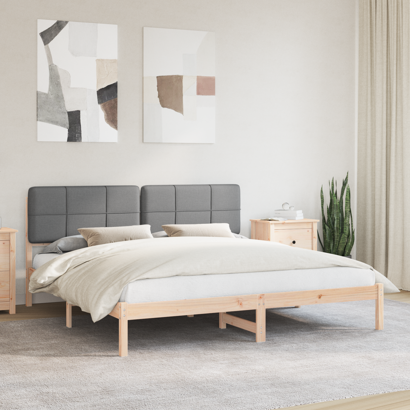 Sängram med Klädd Huvudgavel Ljusgrå 180 x 200 cm Massiv furu