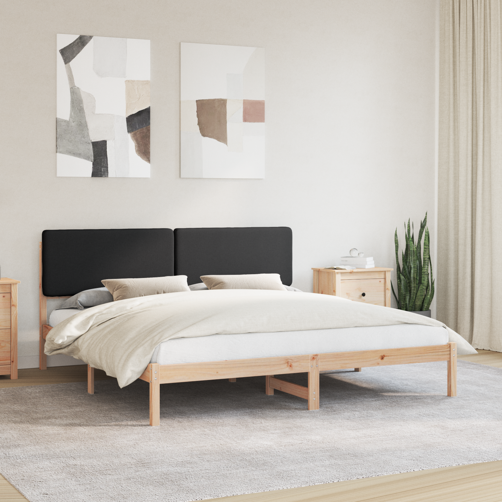 Sängram med Klädd Huvudgavel Svart 180 x 200 cm Massiv furu