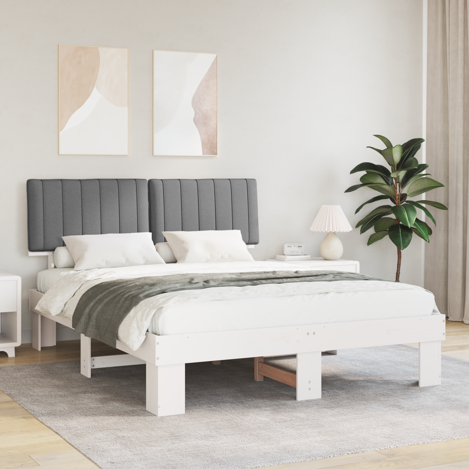 Sängram med Klädd Huvudgavel Ljusgrå 160 x 200 cm Massiv furu