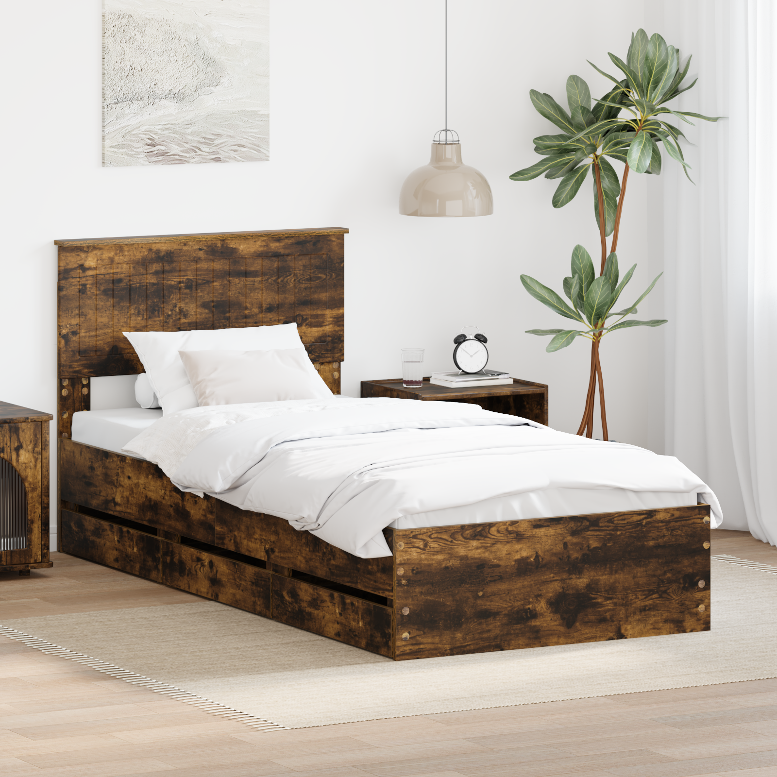 Sängram med låda med lagring Rökt ek 90 x 190 cm Ingenjörsträ