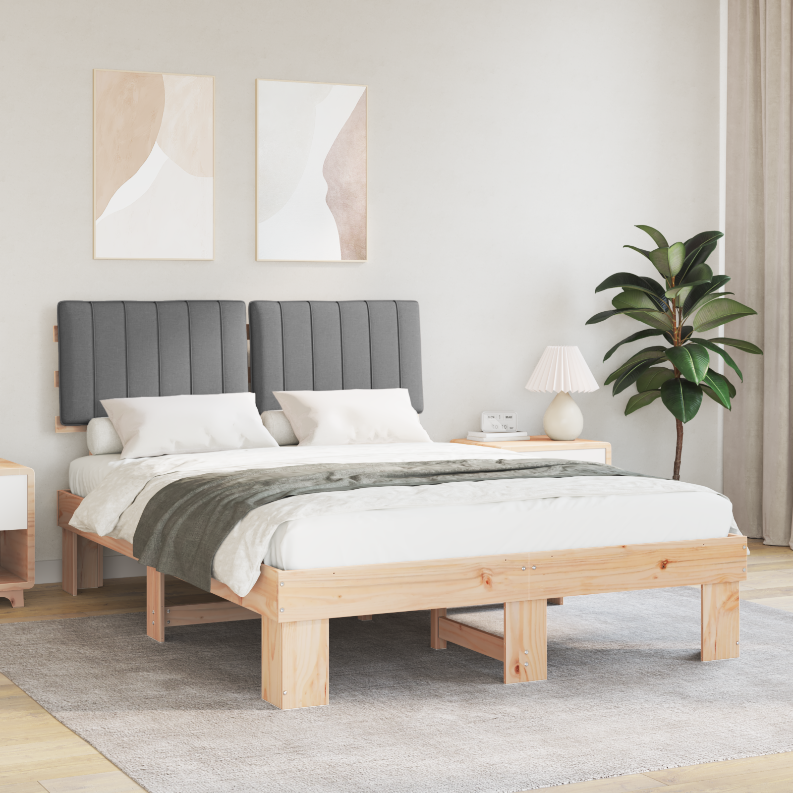 Sängram med Klädd Huvudgavel Ljusgrå 135 x 190 cm Massiv furu