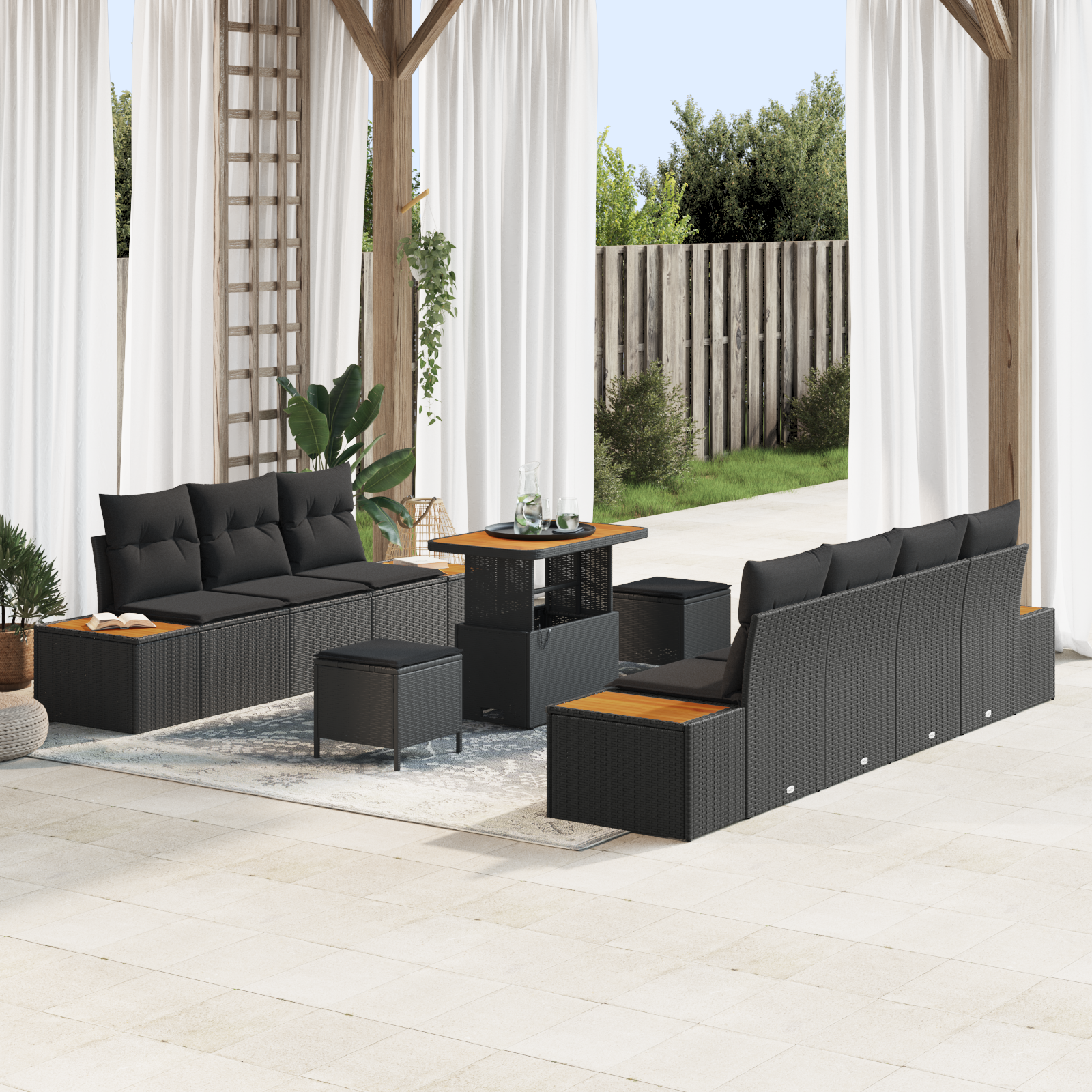Trädgårdsoffset med kudde med lagring 10 pcs Svart Poly rattan