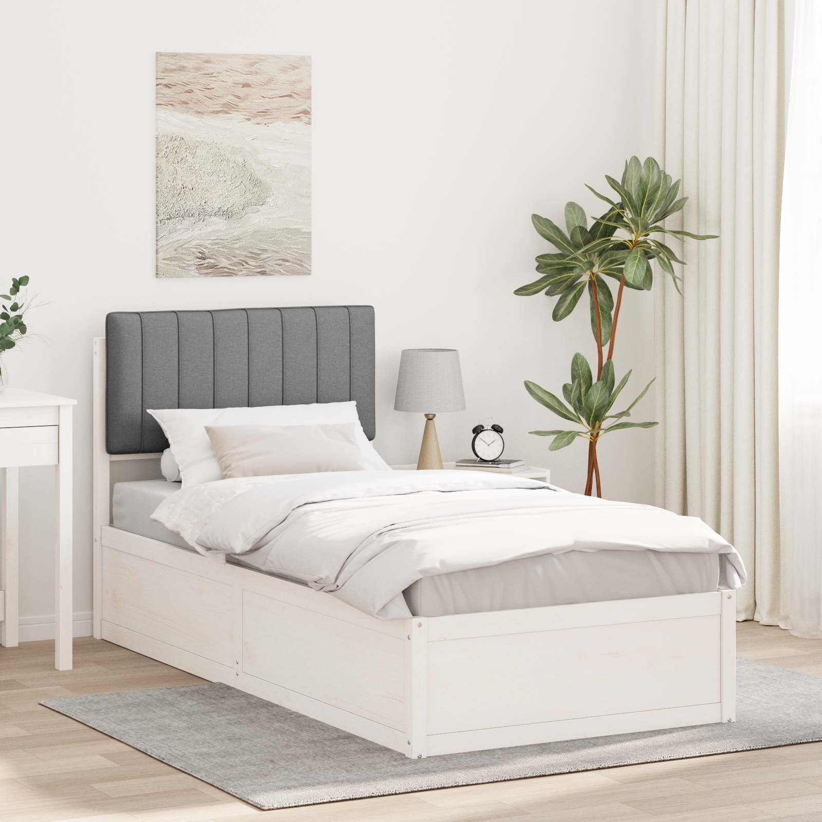 Sängram med Klädd Huvudgavel Ljusgrå 90 x 200 cm Massiv furu