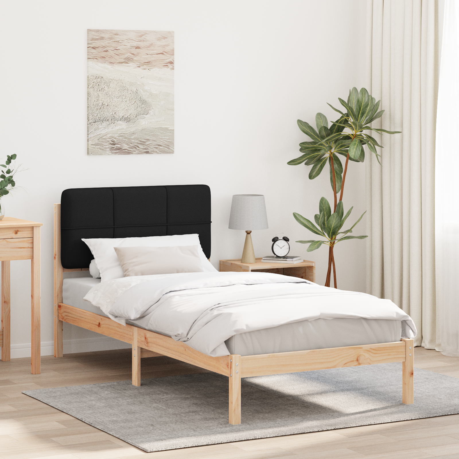 Sängram med Klädd Huvudgavel Svart 90 x 200 cm Massiv furu