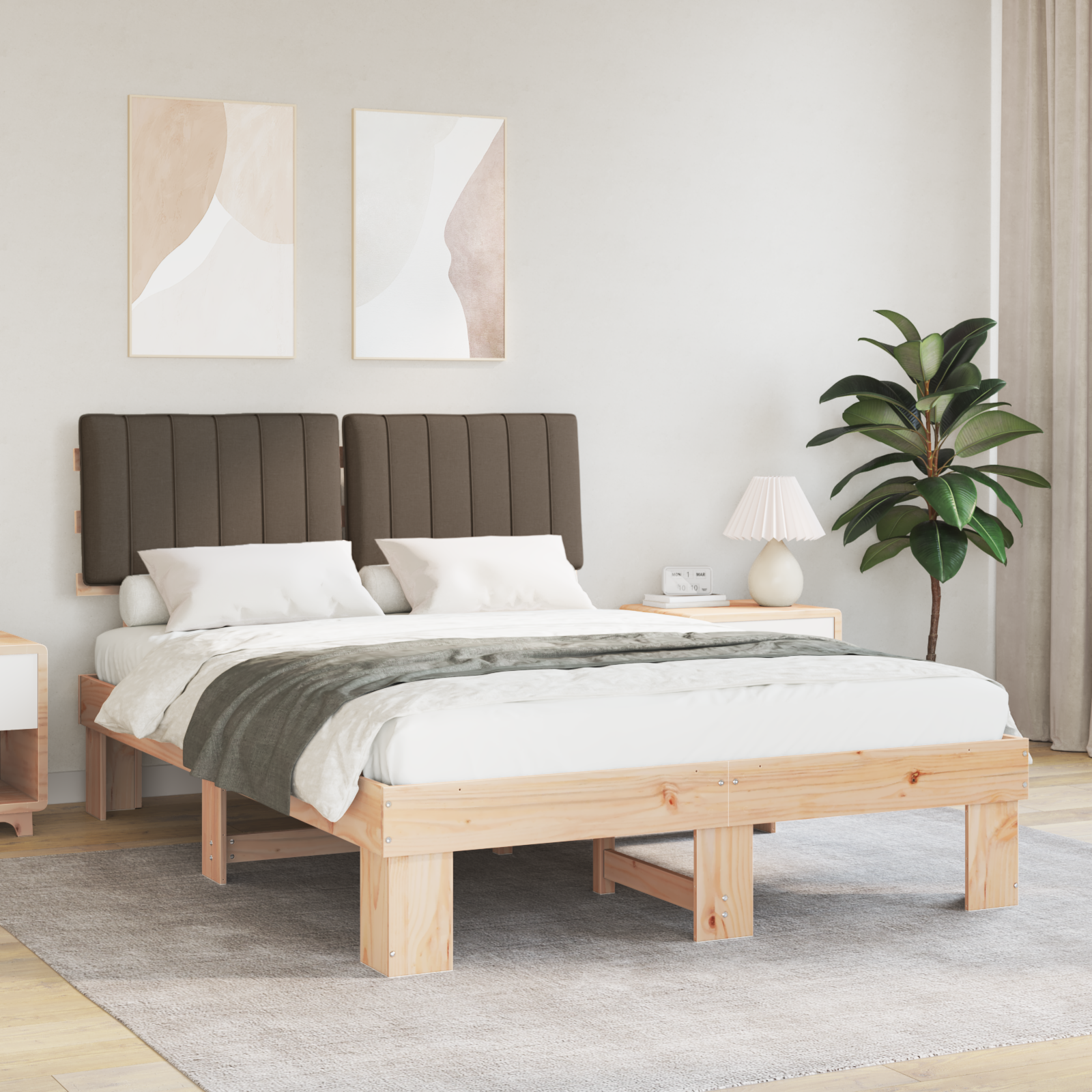 Sängram med Klädd Huvudgavel Taupe 140 x 200 cm Massiv furu