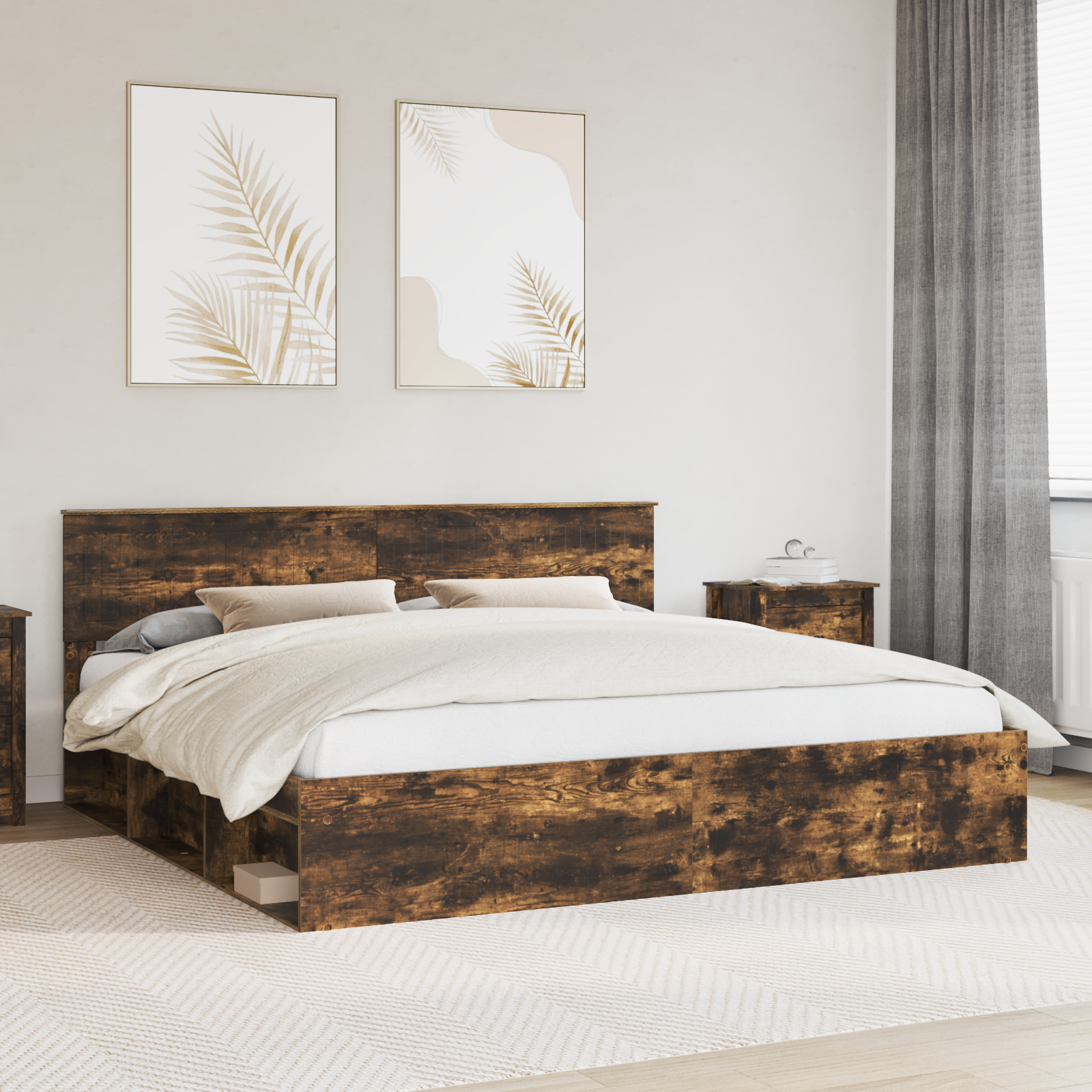 Sängram med huvudgavel Rökt ek 200 x 200 cm Massiv furu