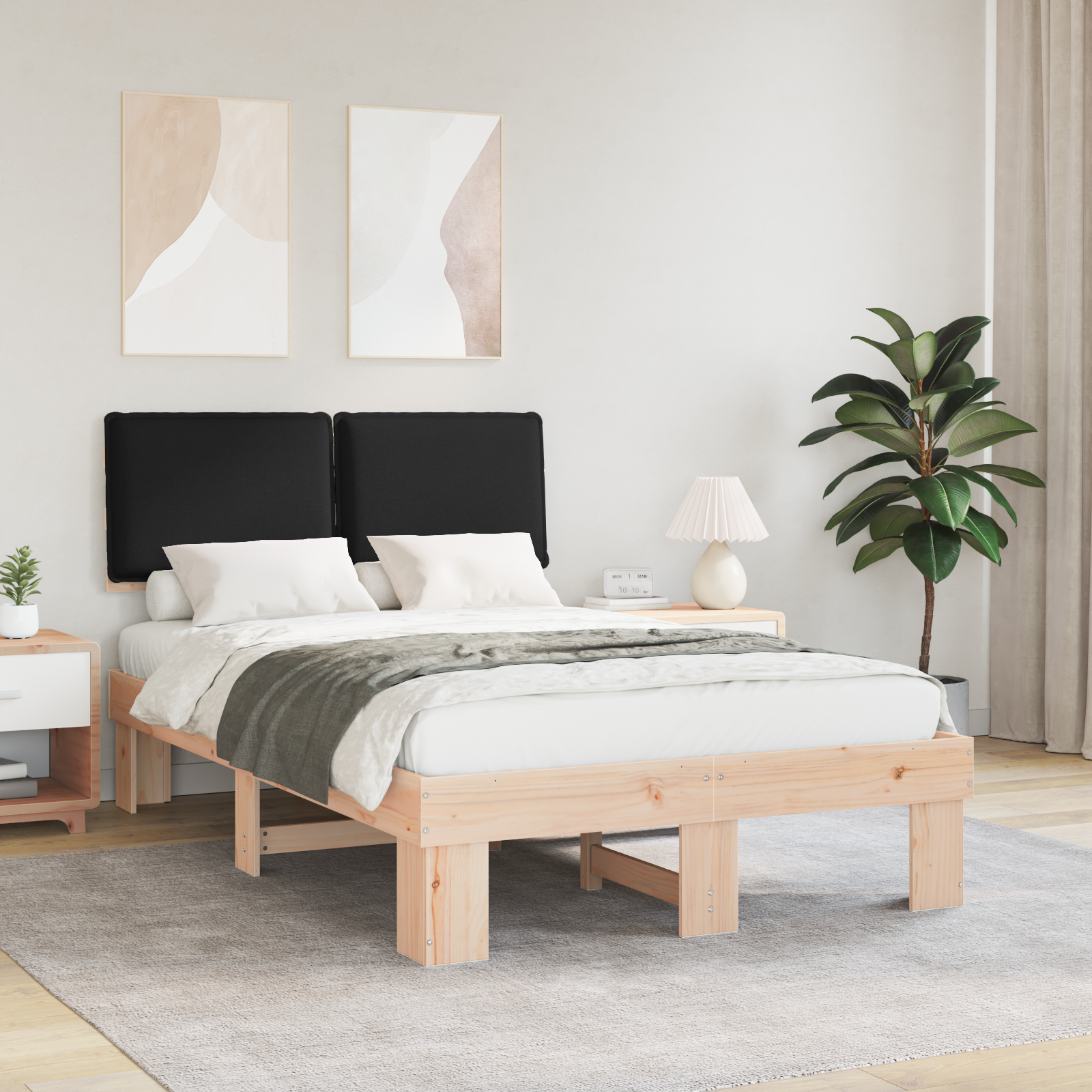Sängram med Klädd Huvudgavel Svart 120 x 190 cm Massiv furu
