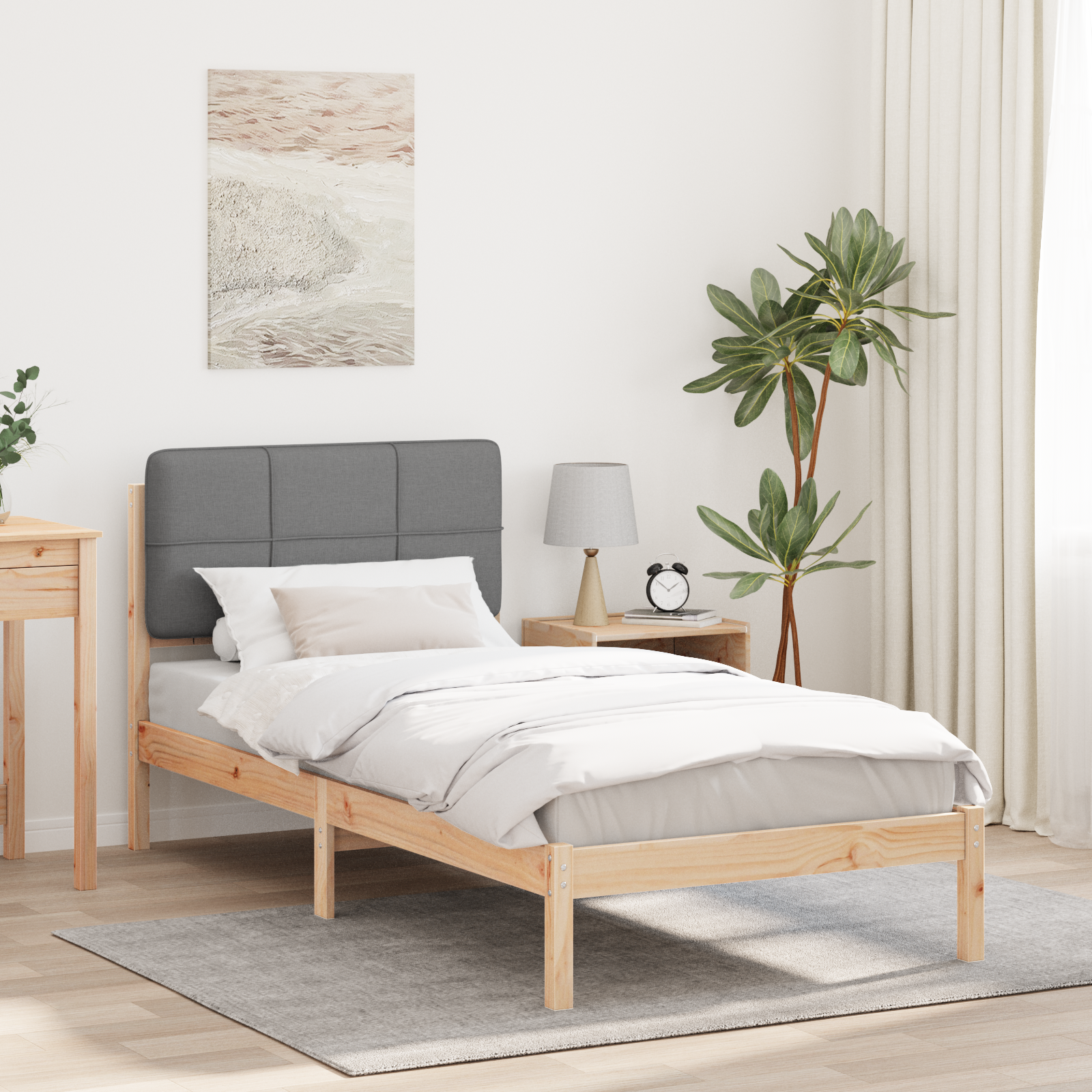 Sängram med Klädd Huvudgavel Ljusgrå 100 x 200 cm Massiv furu