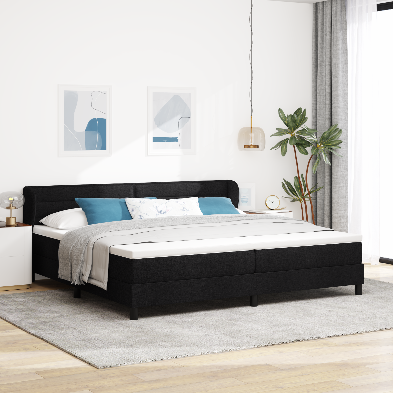 Bäddfjäder med madrass med huvudgavel Svart 200 x 200 cm tyg