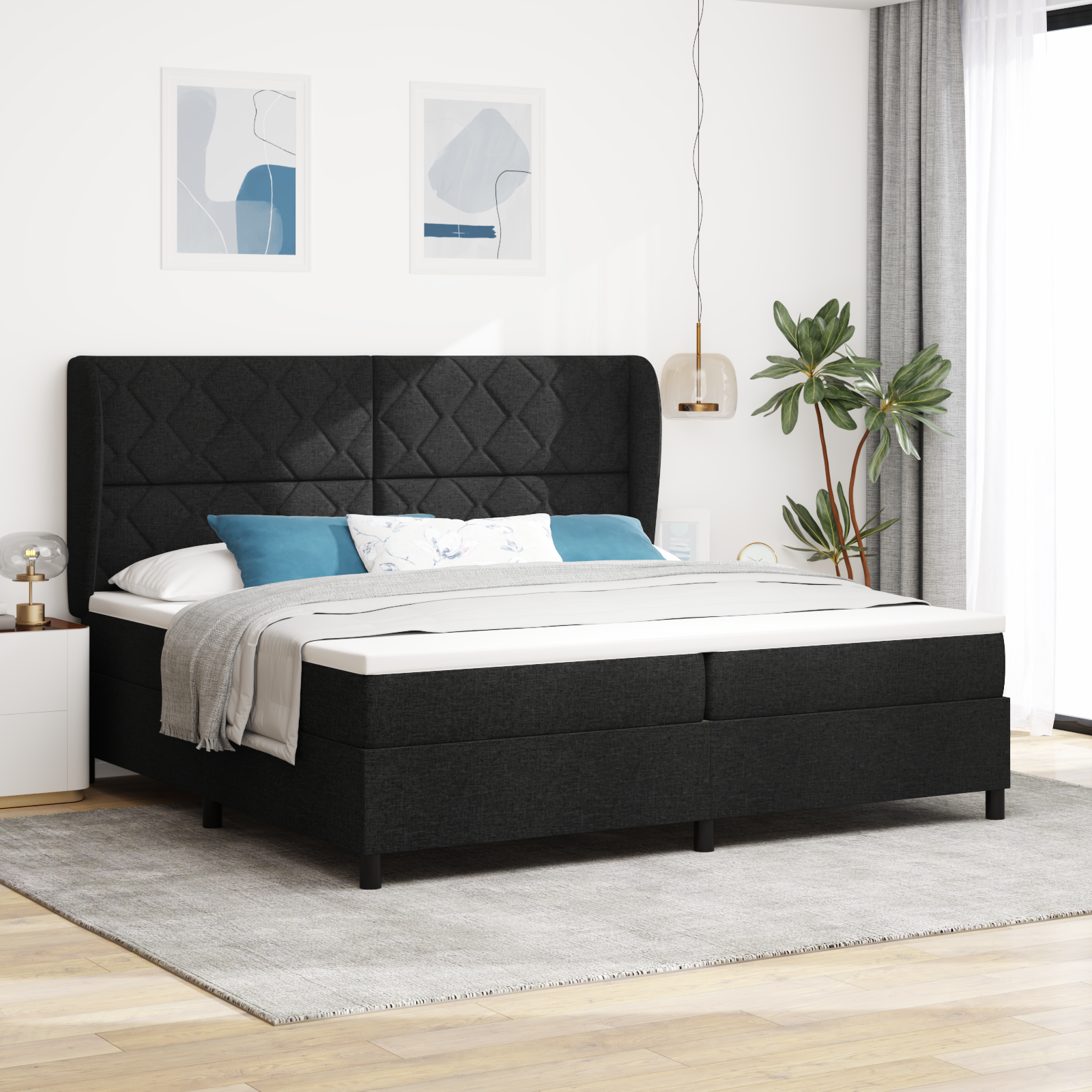 Bäddfjäder med huvudgavel Svart 200 x 200 cm tyg