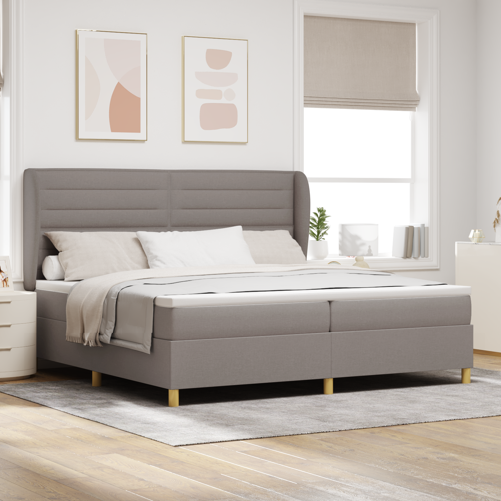 Bäddfjäder med madrass med huvudgavel Taupe 200 x 200 cm tyg