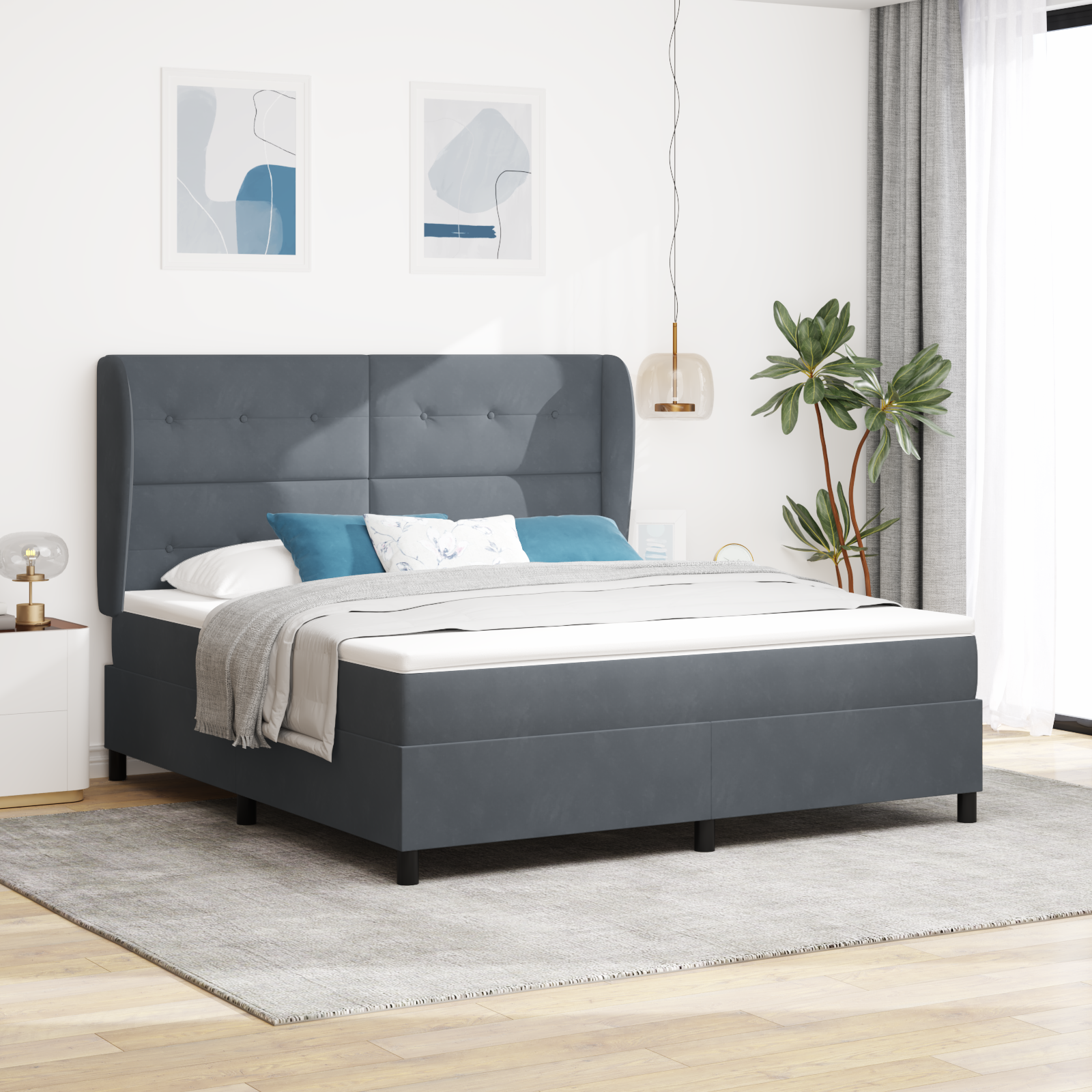 Bäddfjäder med kudde med huvudgavel Mörkgrå 200 x 180 cm Sammet