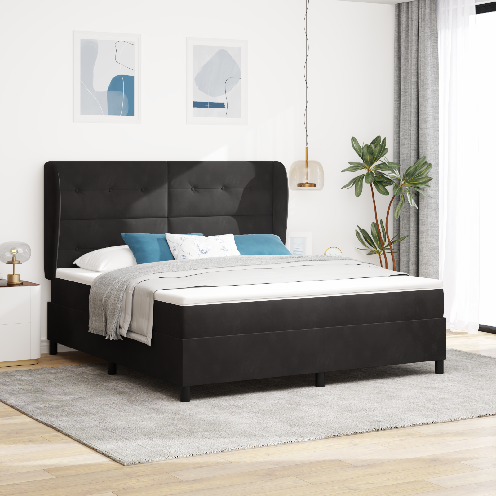 Bäddfjäder med huvudgavel Svart 200 x 180 cm Sammet