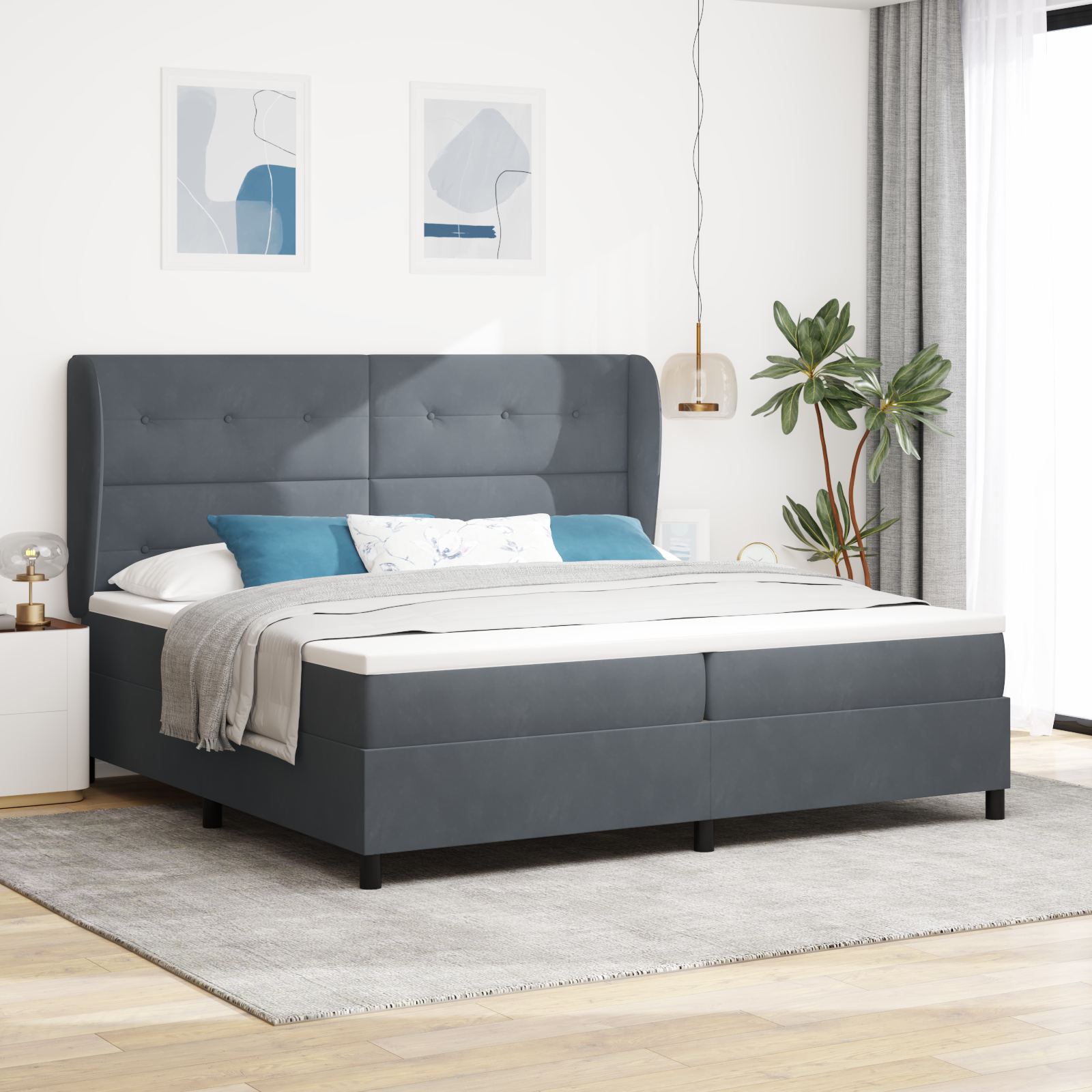 Bäddfjäder med huvudgavel Mörkgrå 200 x 200 cm Sammet
