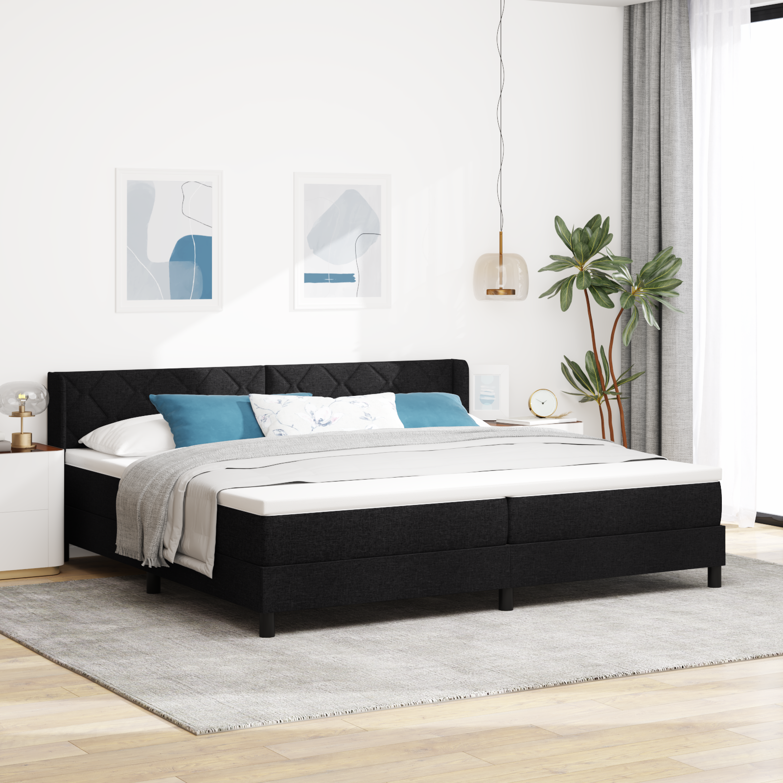 Bäddfjäder med huvudgavel Svart 200 x 200 cm tyg
