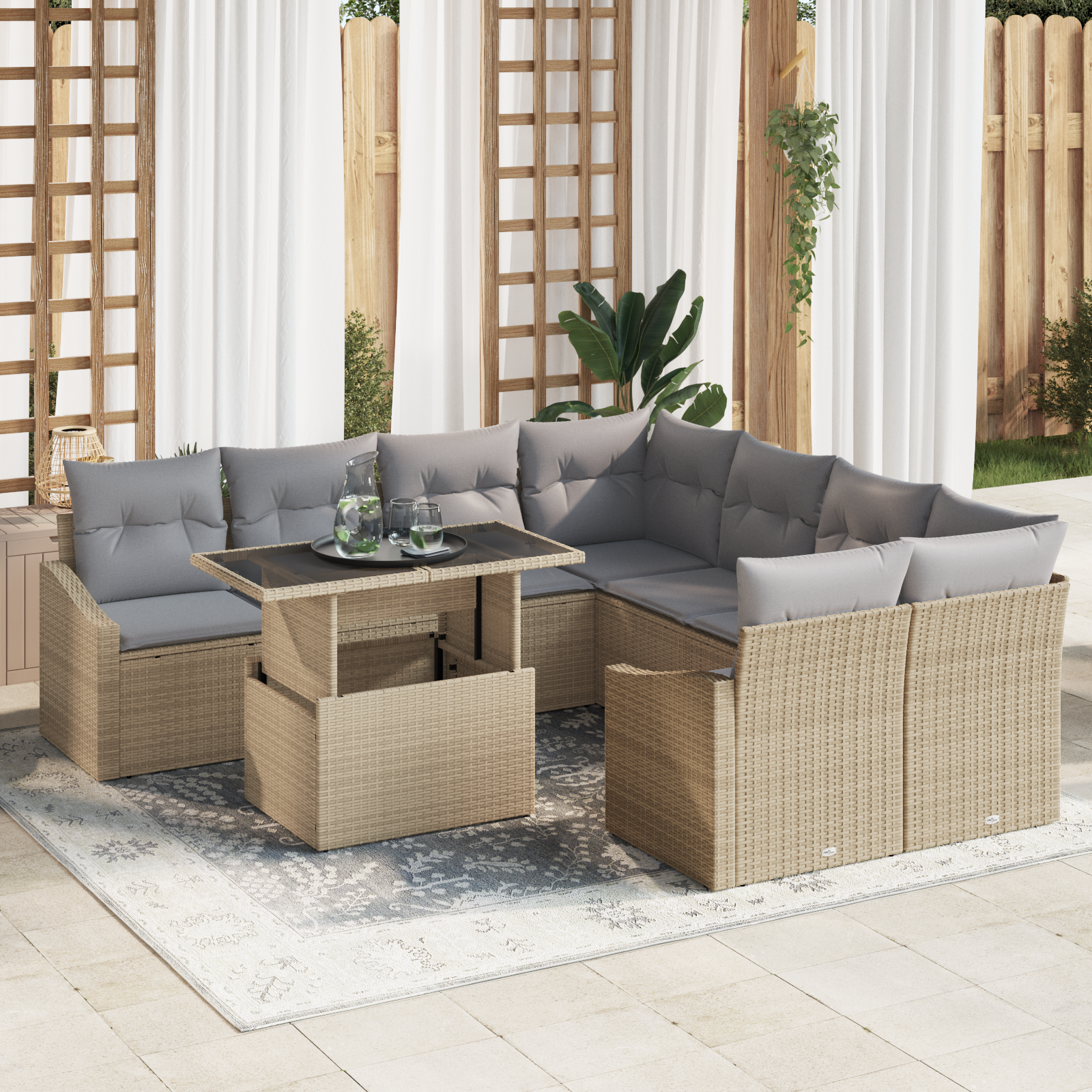 Trädgårdsoffset med kudde 9 pcs Beige och Ljusgrå konstrotting