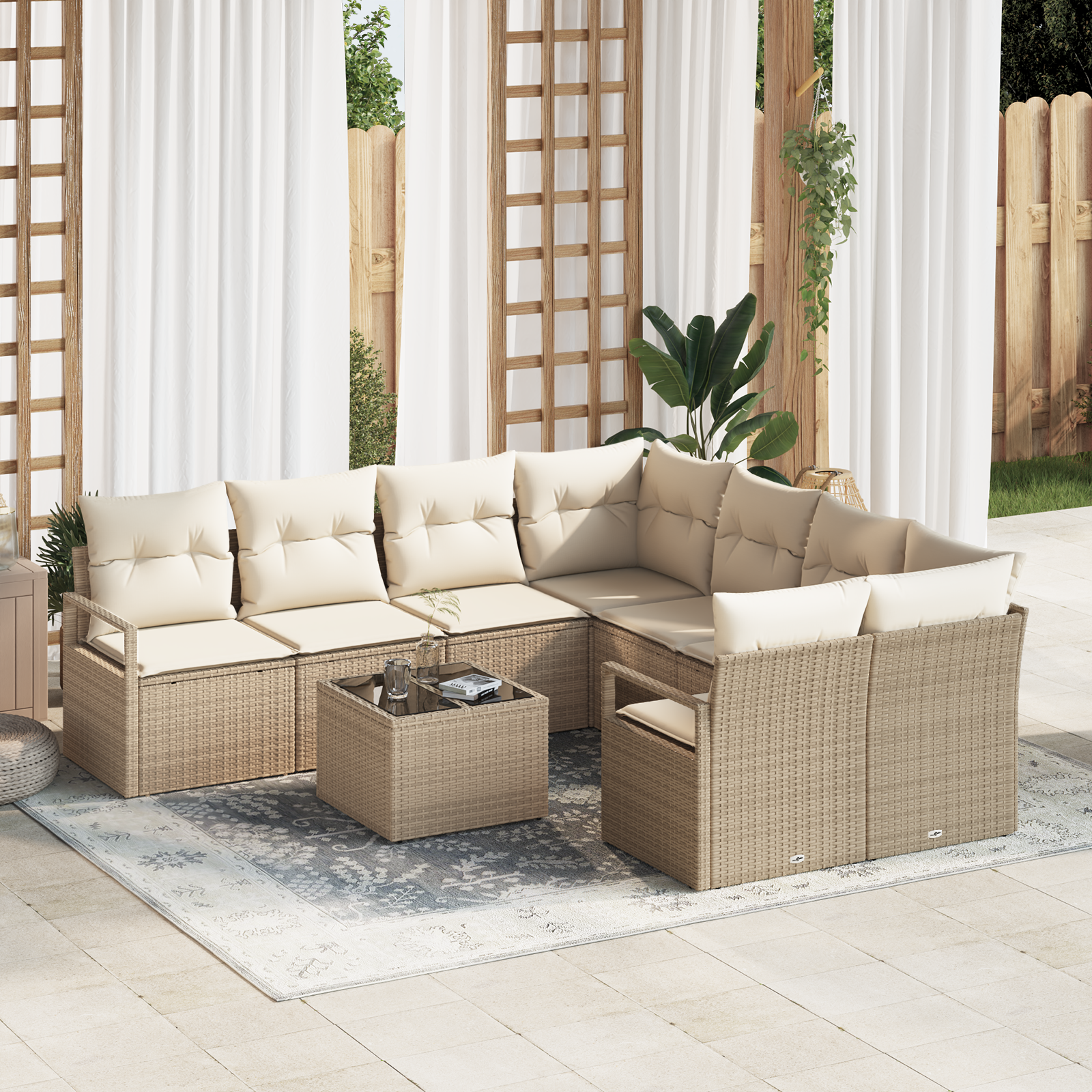 Soffset med kudde 9 pcs Beige och gräddfärgad konstrotting