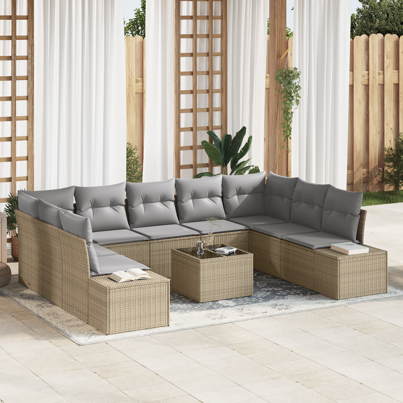 Trädgårdsoffset med kudde 9 pcs Beige och Ljusgrå Polyrattan