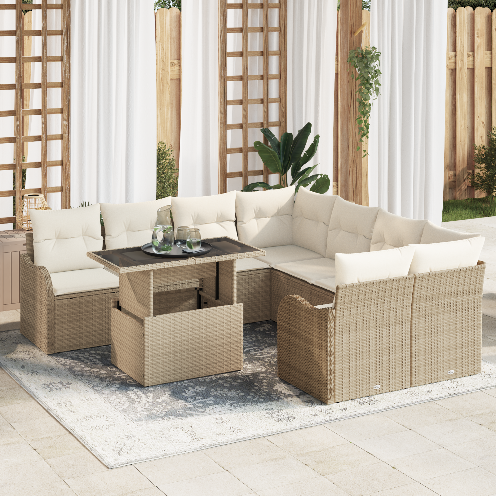 Trädgårdsoffset med kudde med kudde 9 pcs Beige Polyrattan