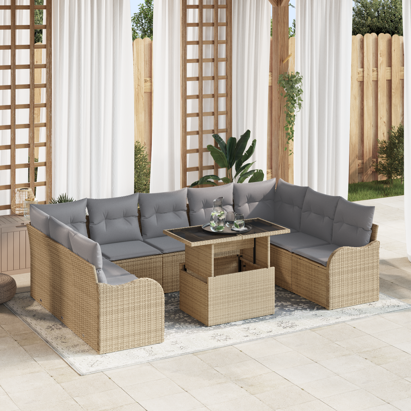 Trädgårdsoffset med kudde med kudde 10 pcs Beige Poly Rattan