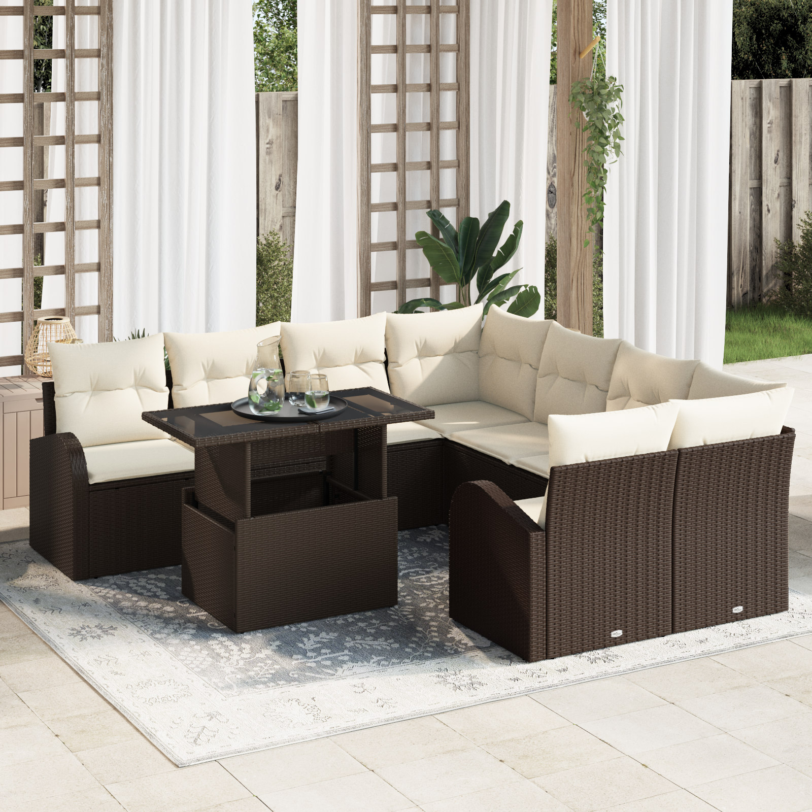 Trädgårdsoffset med kudde med lagring 9 pcs Brun Poly Rattan